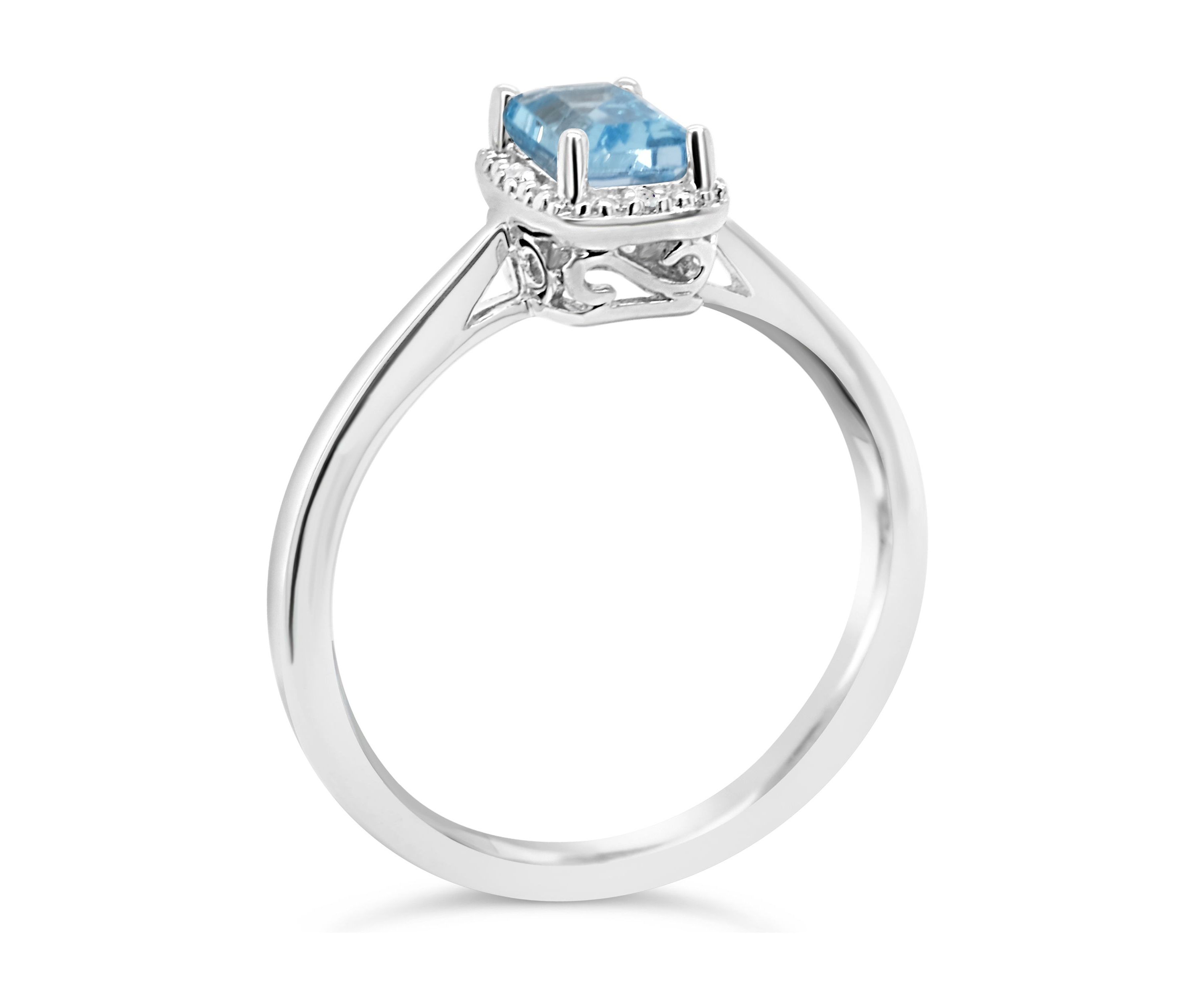 Sterling Silver 6x4mm Emerald Cut Blue Topaz Diamond Accent Halo Ring