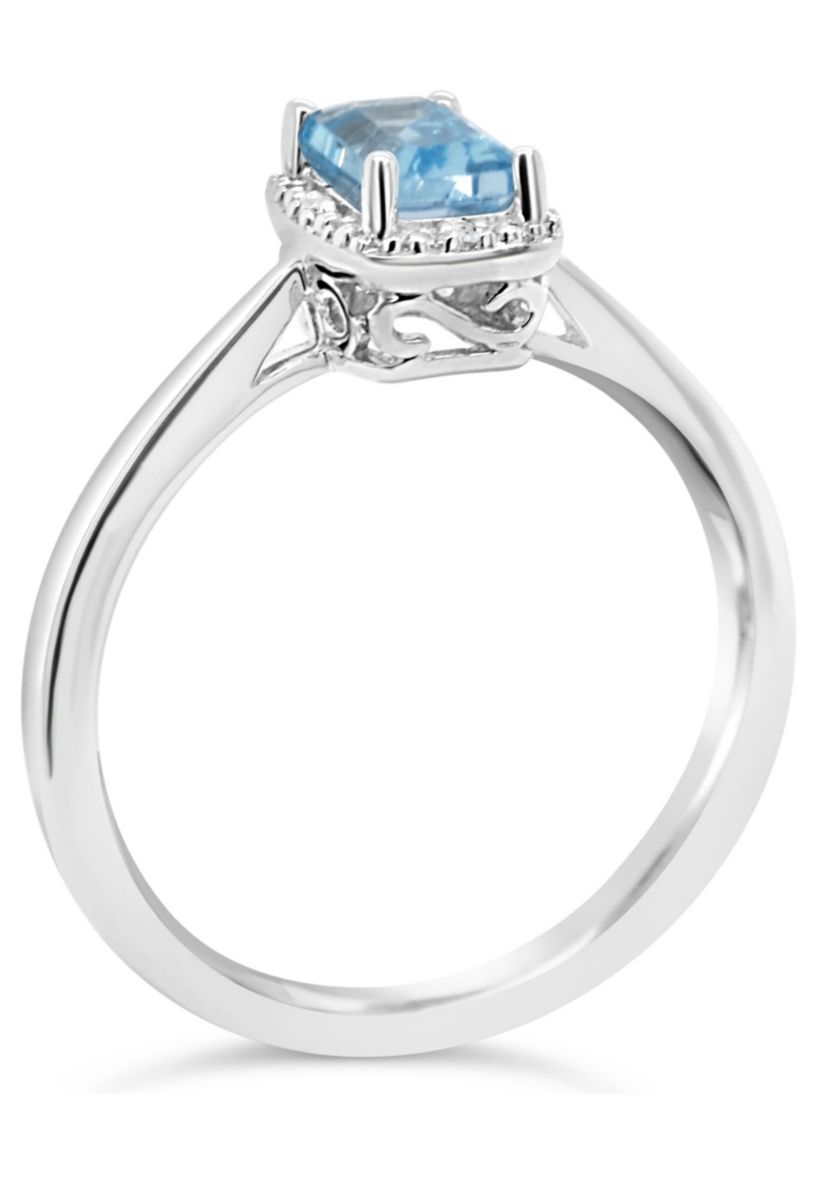 Sterling Silver 6x4mm Emerald Cut Blue Topaz Diamond Accent Halo Ring