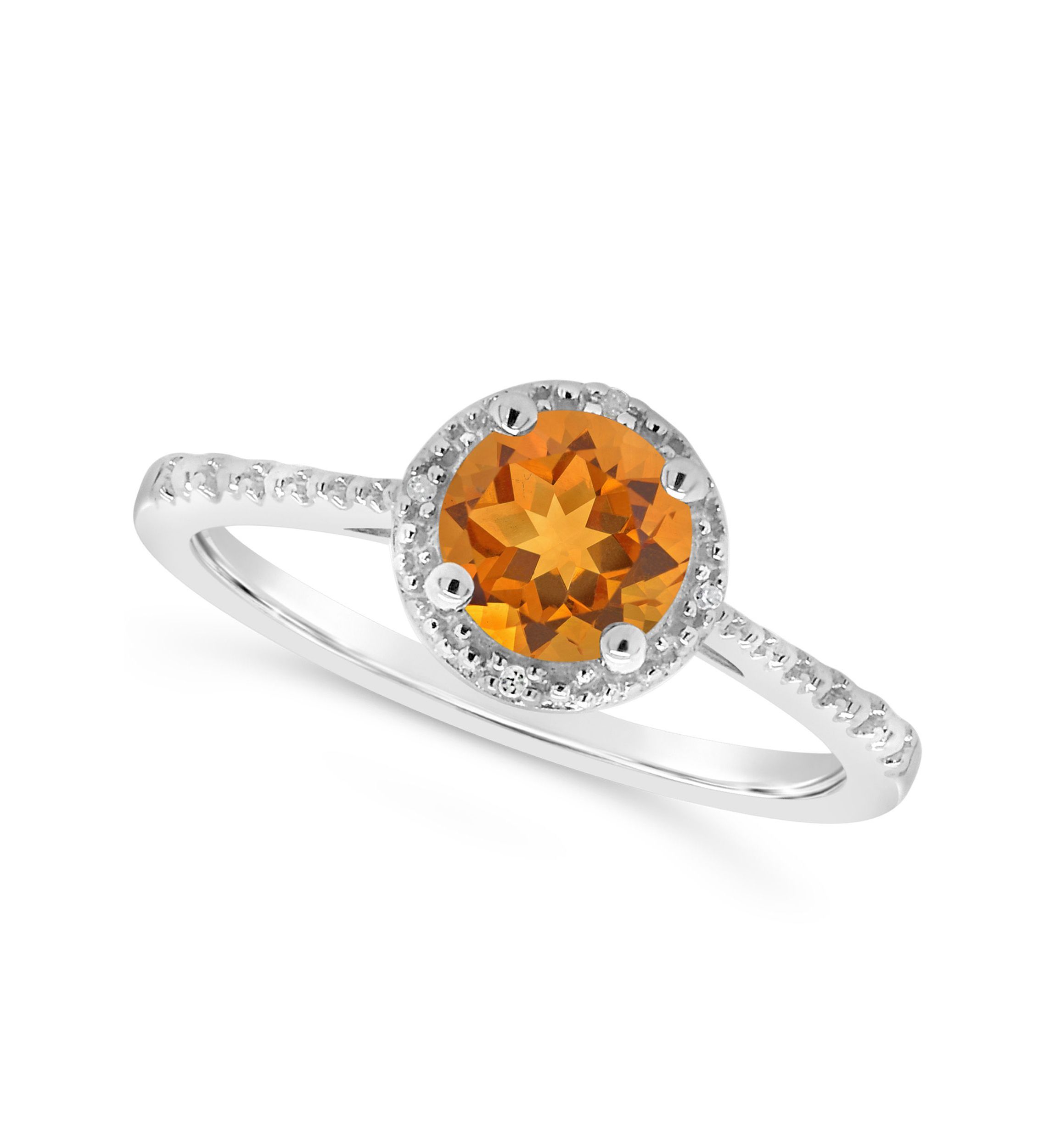 Sterling Silver 6mm Round Citrine Diamond Accent Halo Ring