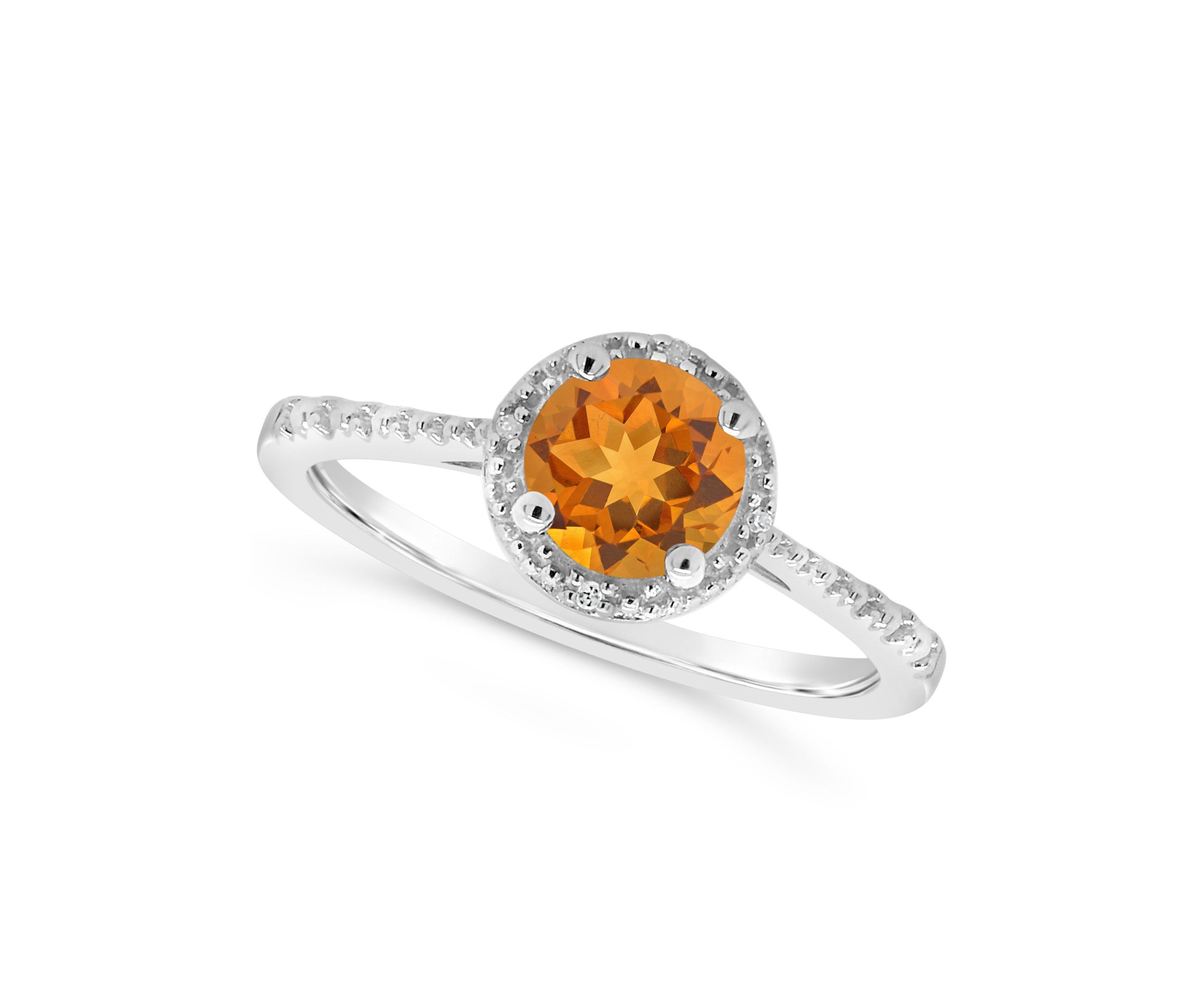 Sterling Silver 6mm Round Citrine Diamond Accent Halo Ring