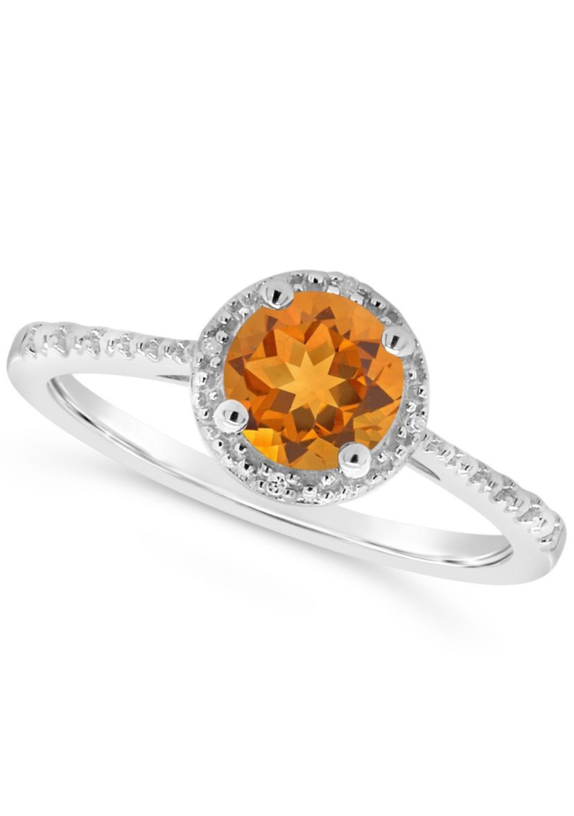 Sterling Silver 6mm Round Citrine Diamond Accent Halo Ring