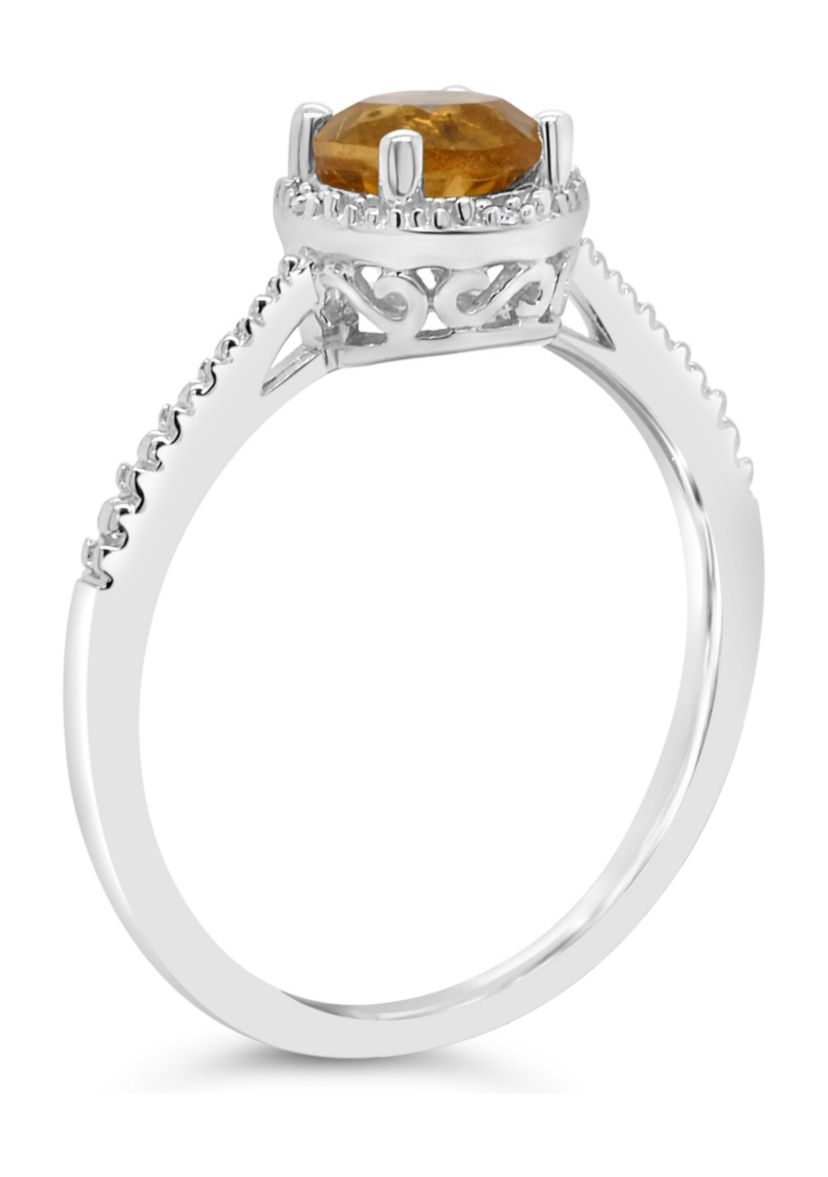 Sterling Silver 6mm Round Citrine Diamond Accent Halo Ring