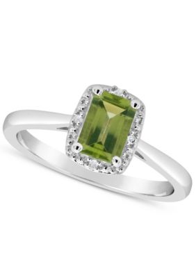 Sterling Silver 6x4mm Emerald Cut Peridot Diamond Accent Halo Ring