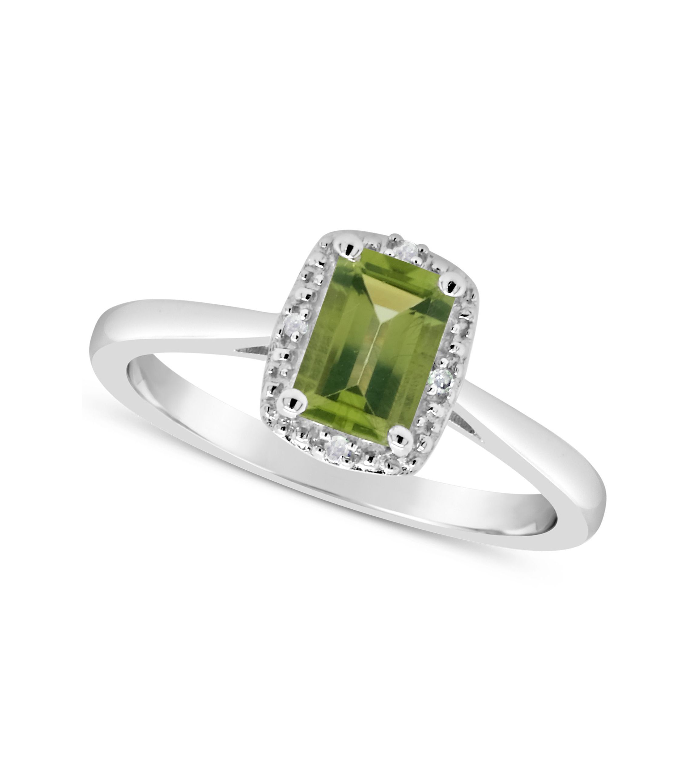 Sterling Silver 6x4mm Emerald Cut Peridot Diamond Accent Halo Ring