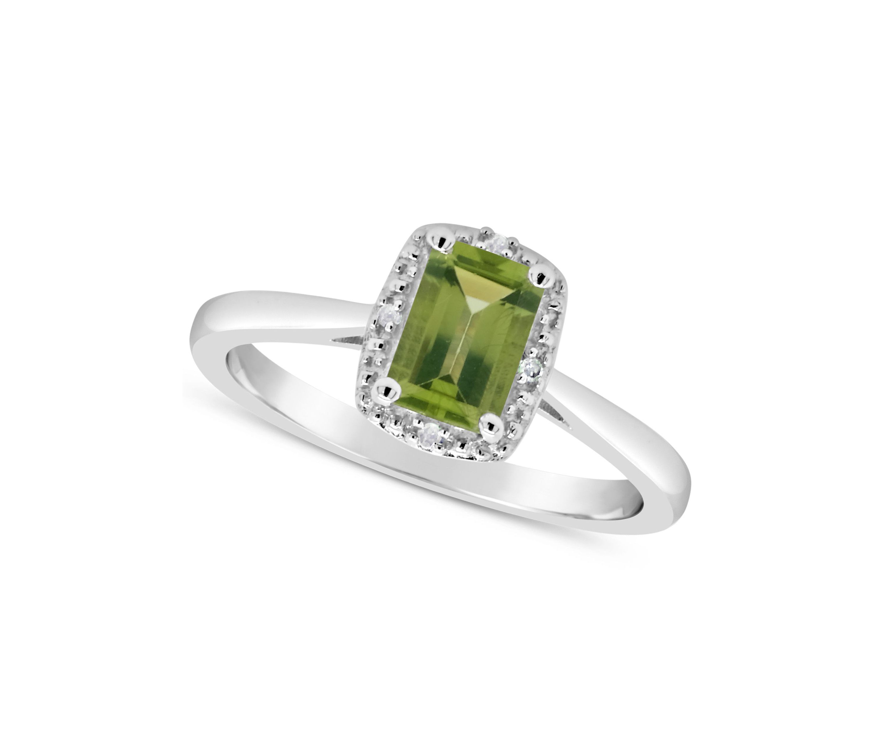 Sterling Silver 6x4mm Emerald Cut Peridot Diamond Accent Halo Ring