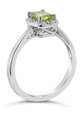 Sterling Silver 6x4mm Emerald Cut Peridot Diamond Accent Halo Ring