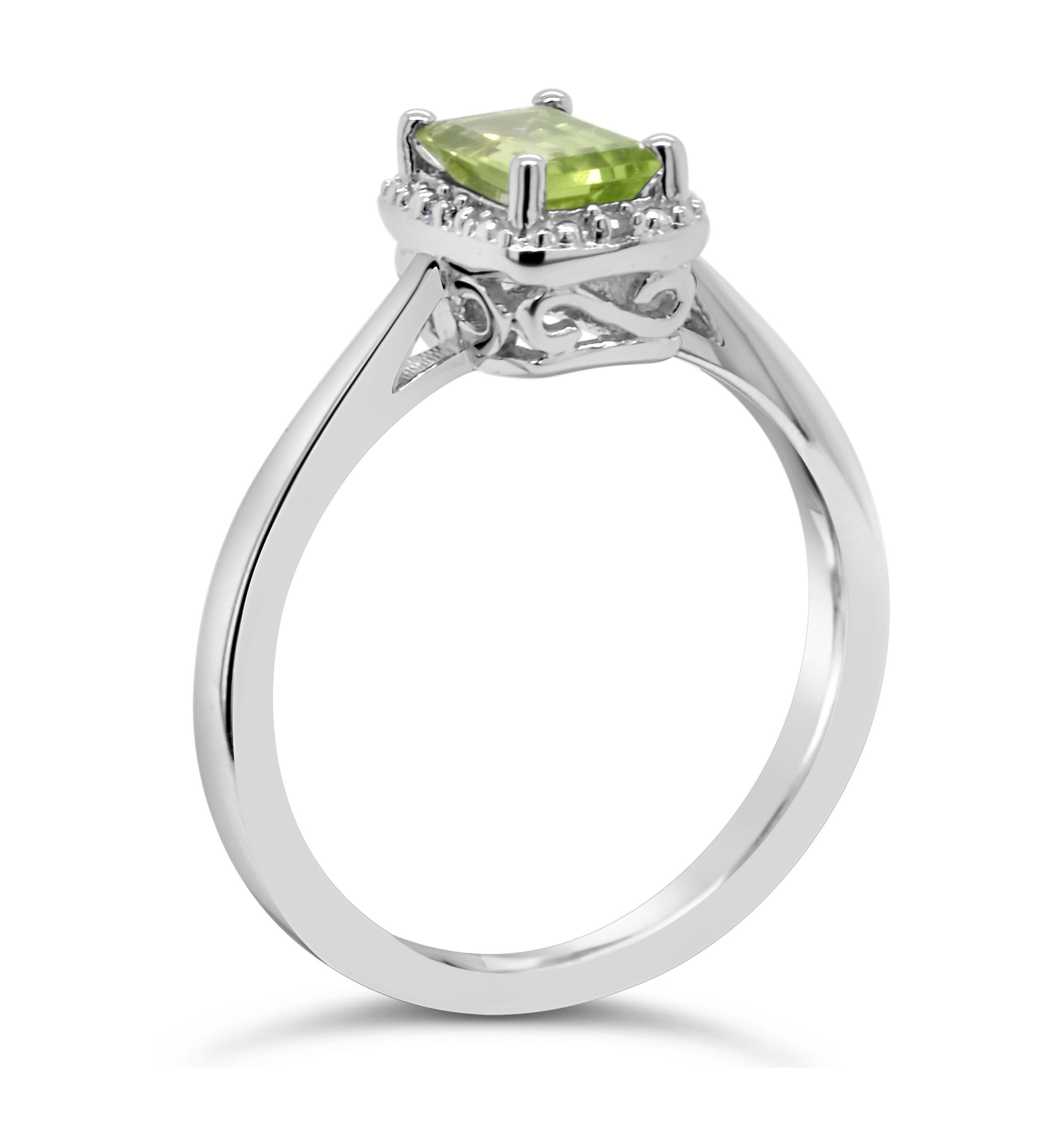 Sterling Silver 6x4mm Emerald Cut Peridot Diamond Accent Halo Ring