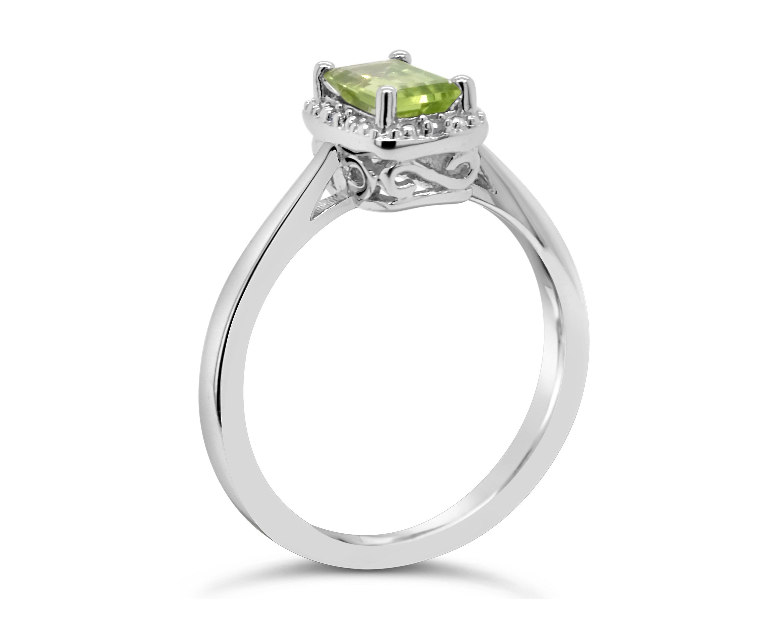 Sterling Silver 6x4mm Emerald Cut Peridot Diamond Accent Halo Ring