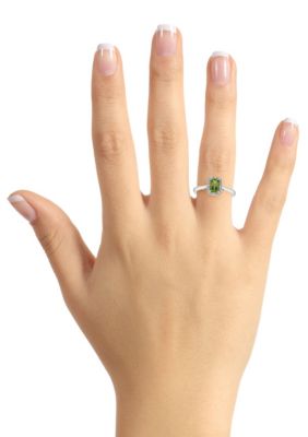 Sterling Silver 6x4mm Emerald Cut Peridot Diamond Accent Halo Ring