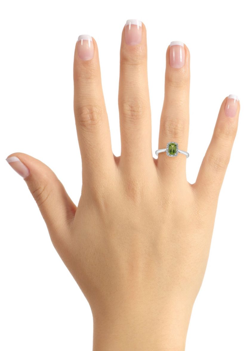 Sterling Silver 6x4mm Emerald Cut Peridot Diamond Accent Halo Ring