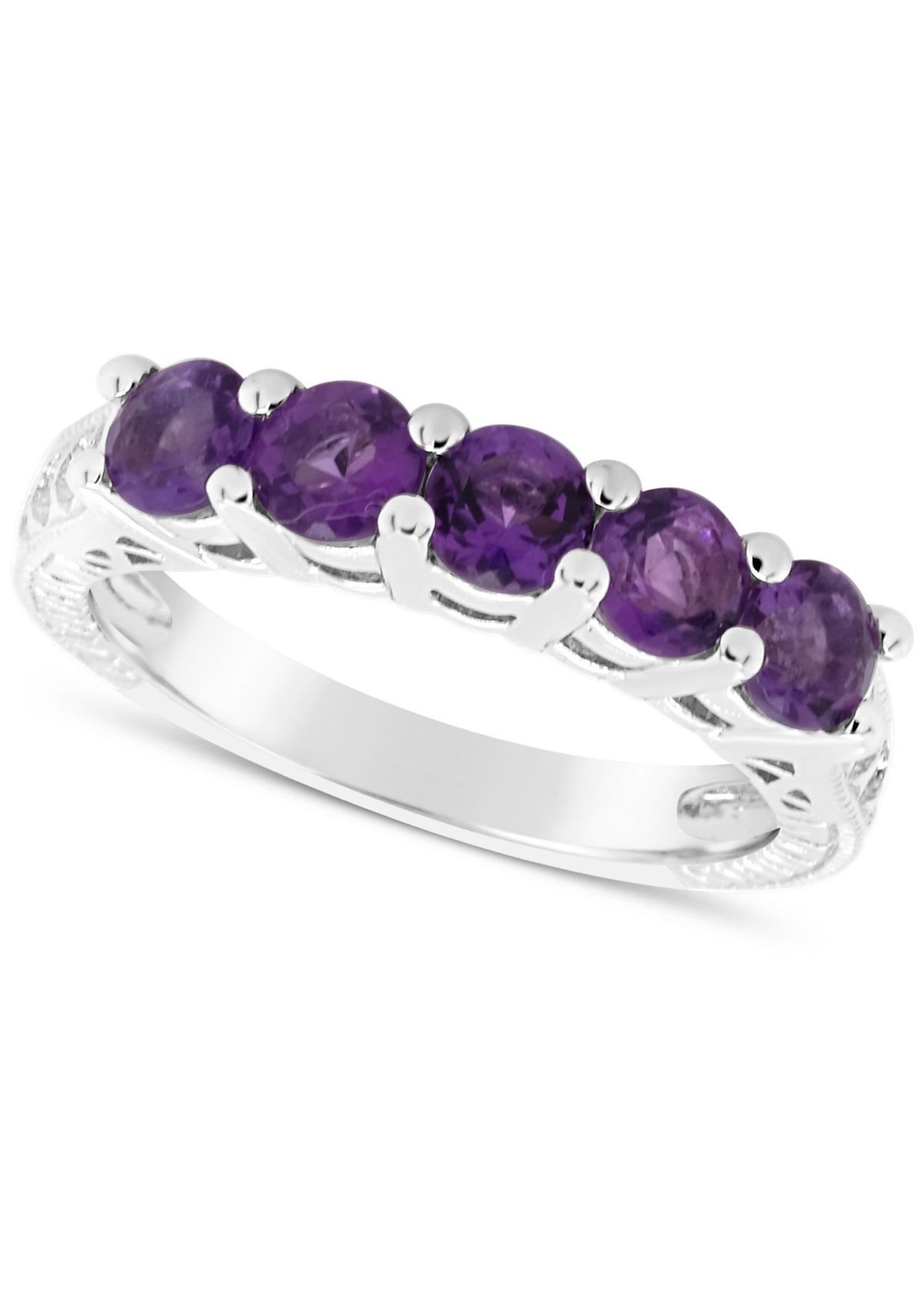 Sterling Silver 4mm Round 5-Stone Amethyst Ring
