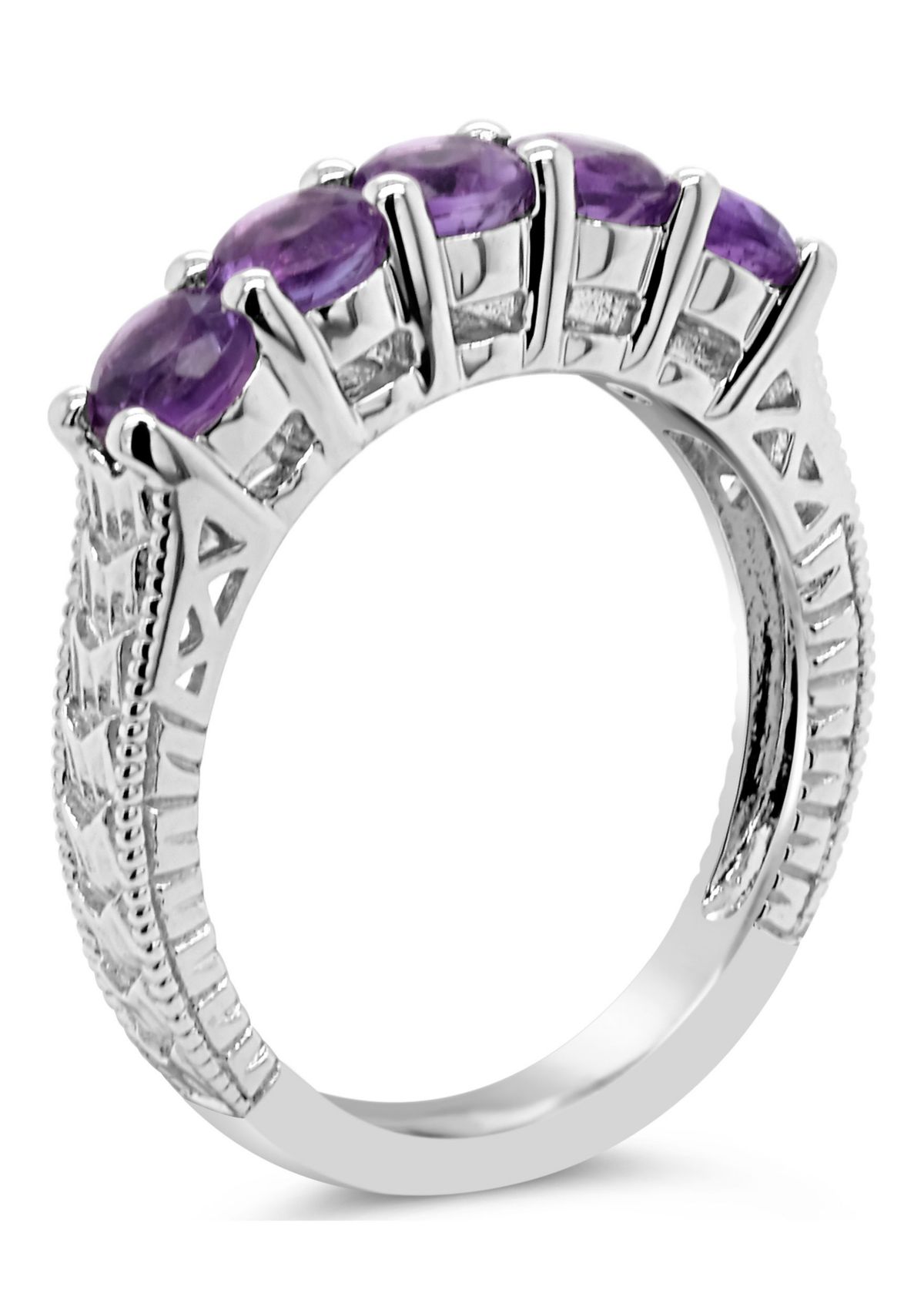Sterling Silver 4mm Round 5-Stone Amethyst Ring