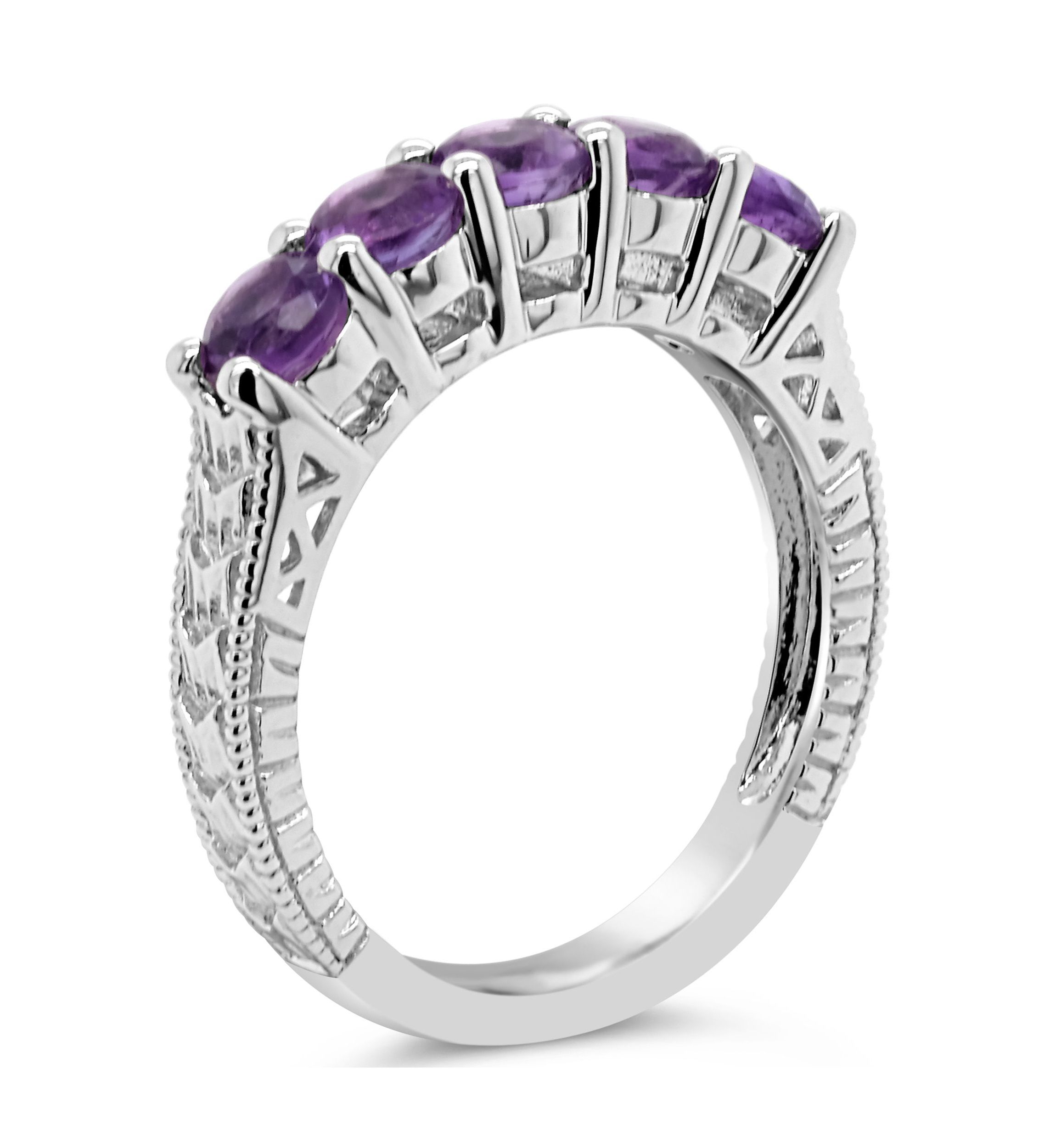 Sterling Silver 4mm Round 5-Stone Amethyst Ring