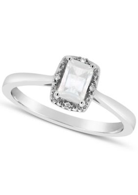 Belk & Co Sterling Silver 6x4mm Emerald Cut Gemstone Diamond Accent Halo Ring