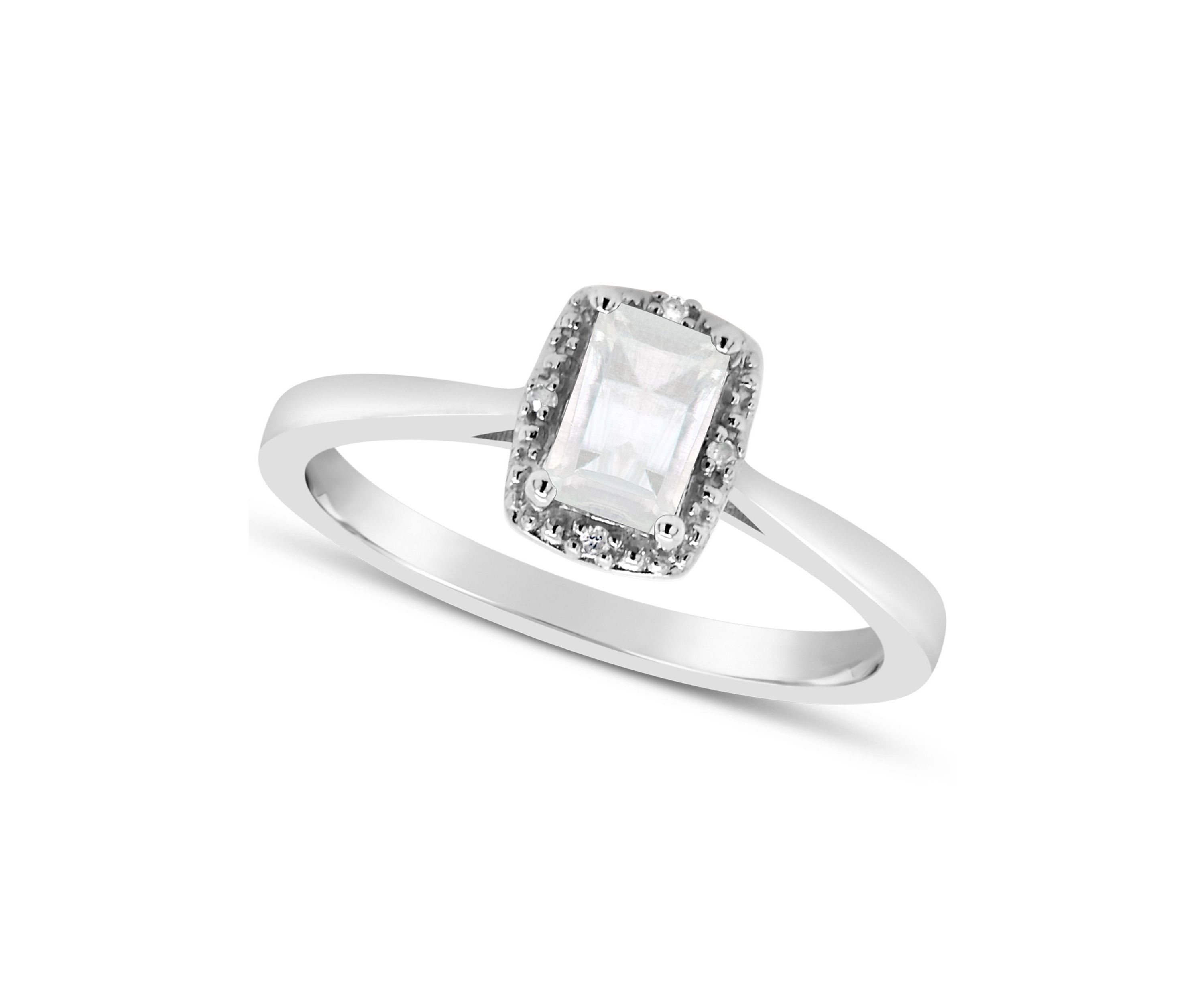 Sterling Silver 6x4mm Emerald Cut Moonstone Diamond Accent Halo Ring