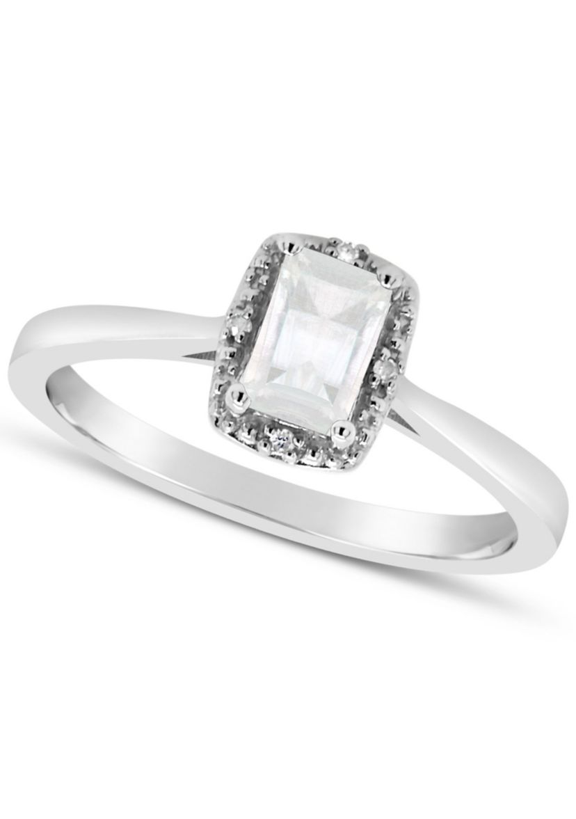 Sterling Silver 6x4mm Emerald Cut Moonstone Diamond Accent Halo Ring