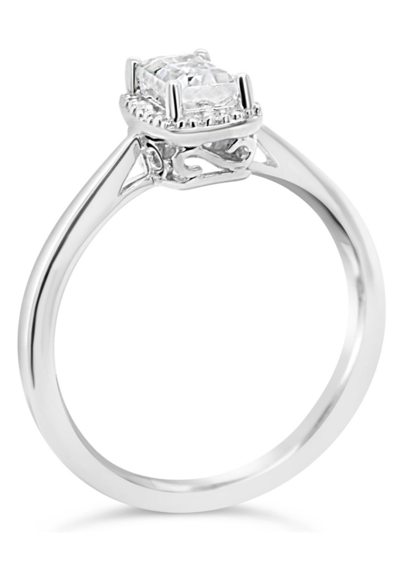 Sterling Silver 6x4mm Emerald Cut Moonstone Diamond Accent Halo Ring