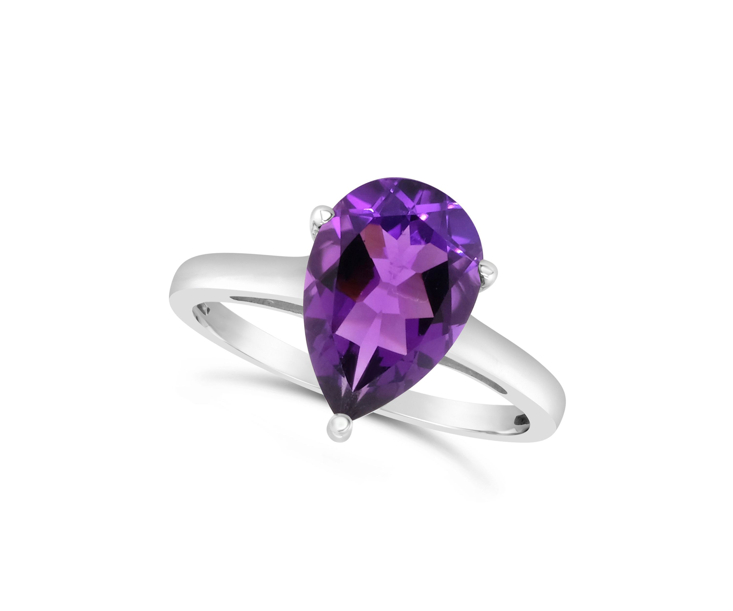 Sterling Silver 12x8mm Pear Shape Amethyst Solitaire Ring