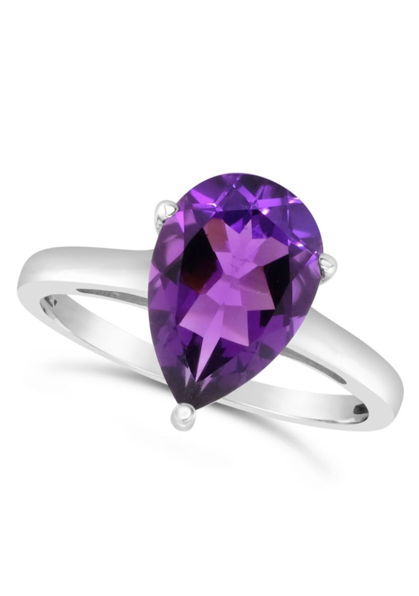 Sterling Silver 12x8mm Pear Shape Amethyst Solitaire Ring