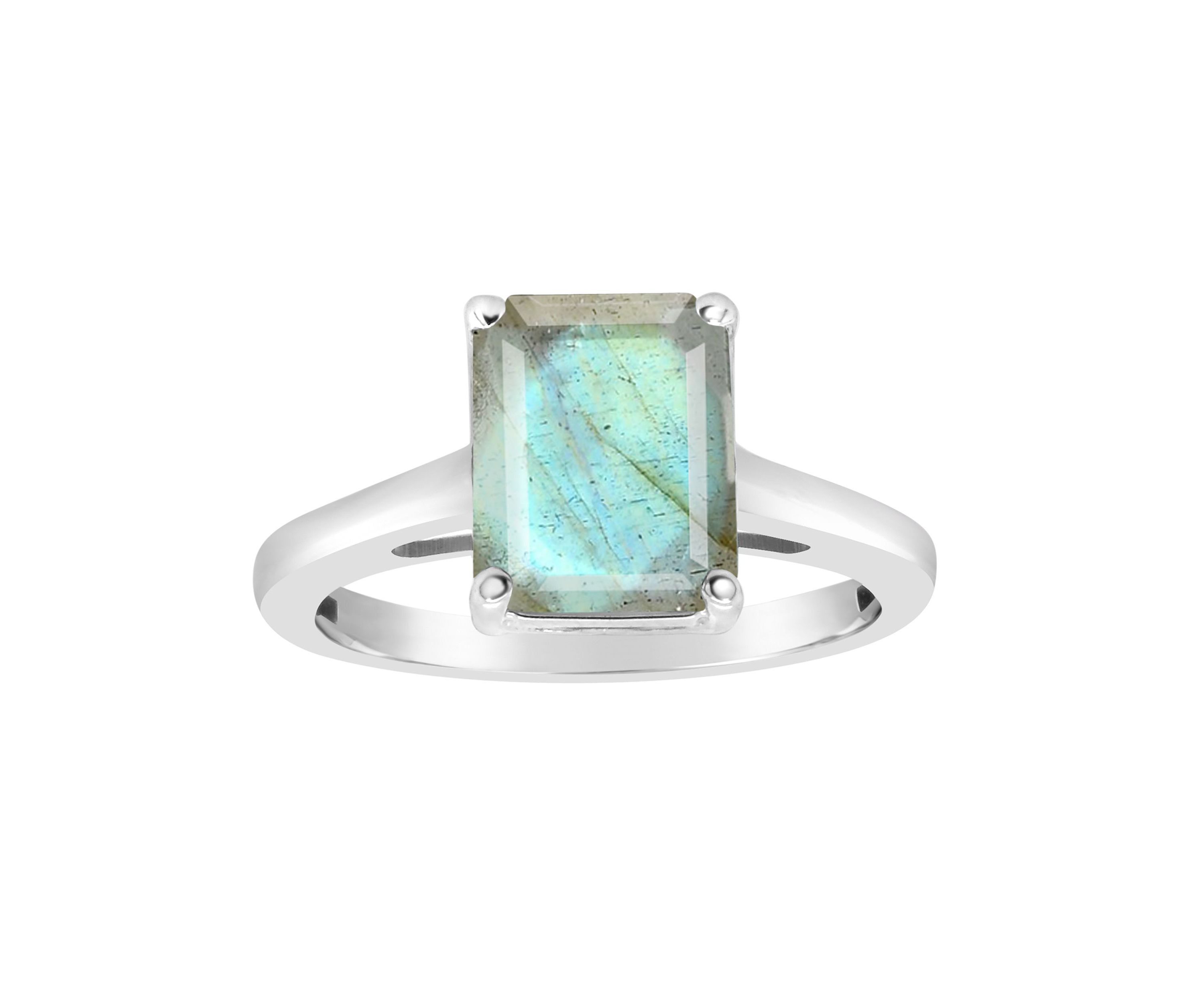 Sterling Silver 10x8mm Emerald Cut Labradorite Solitaire Ring