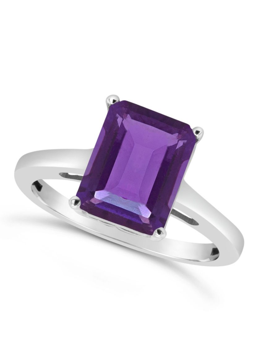 Sterling Silver 10x8mm Emerald Cut Amethyst Solitaire Ring