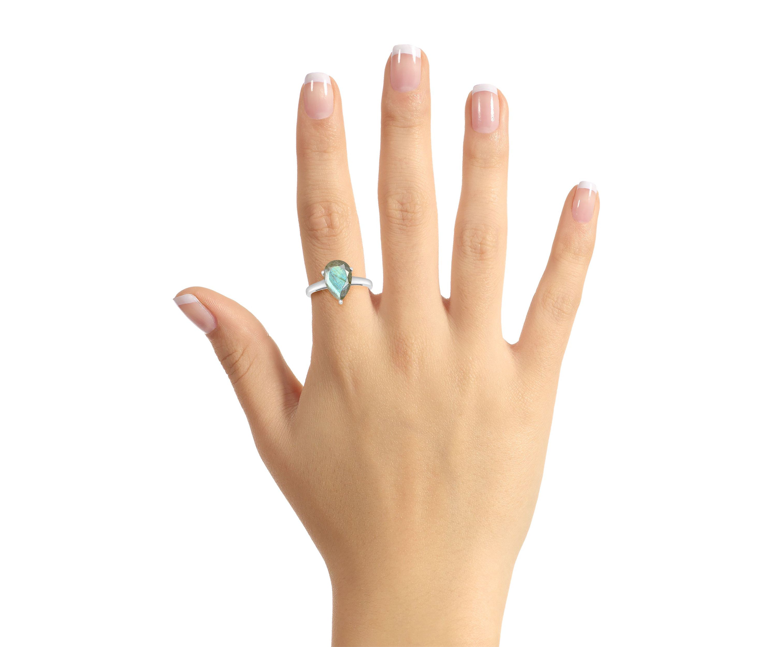 Sterling Silver 12x8mm Pear Shape Labradorite Solitaire Ring
