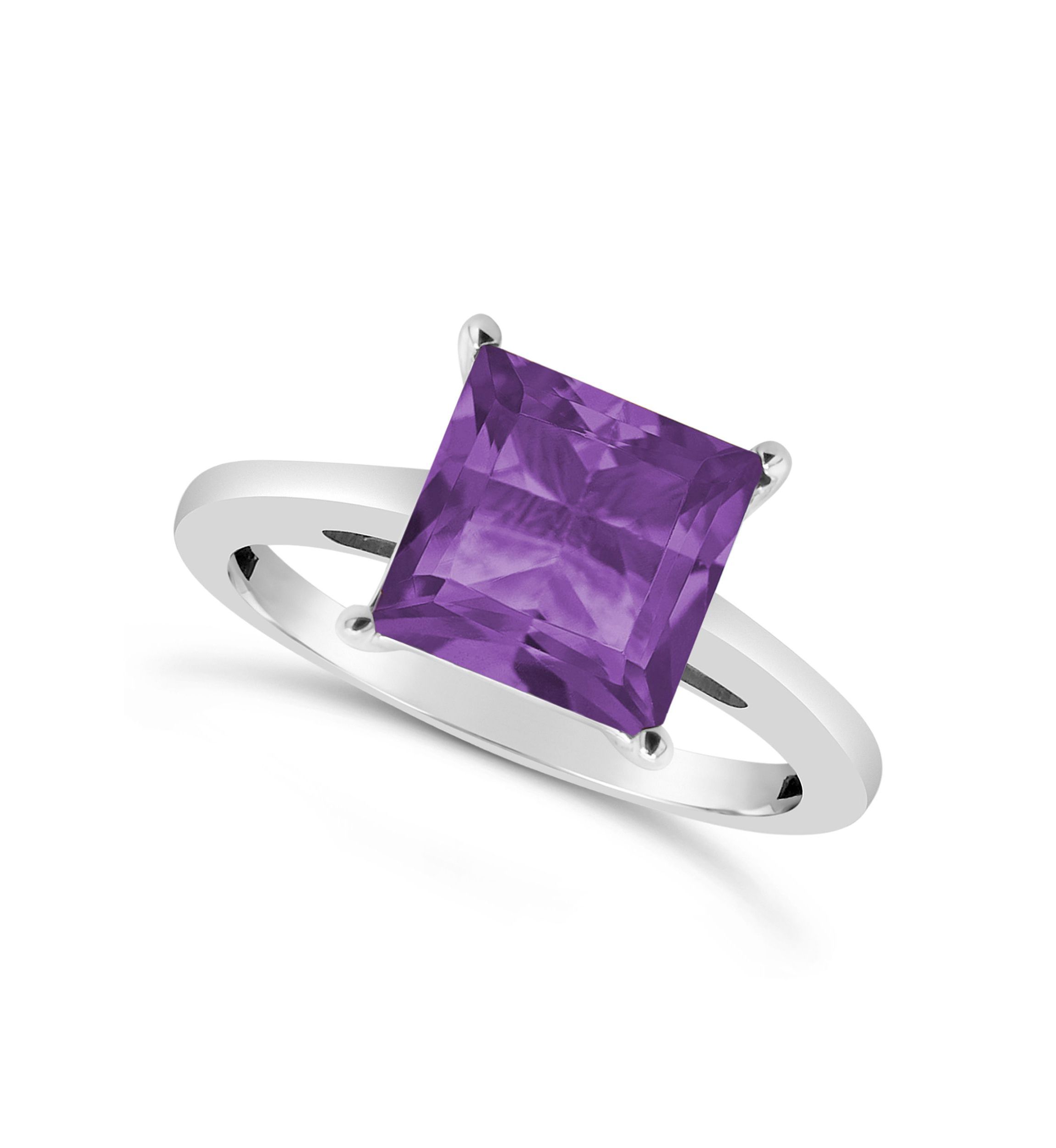 Sterling Silver 8mm Princess Cut Amethyst Solitaire Ring