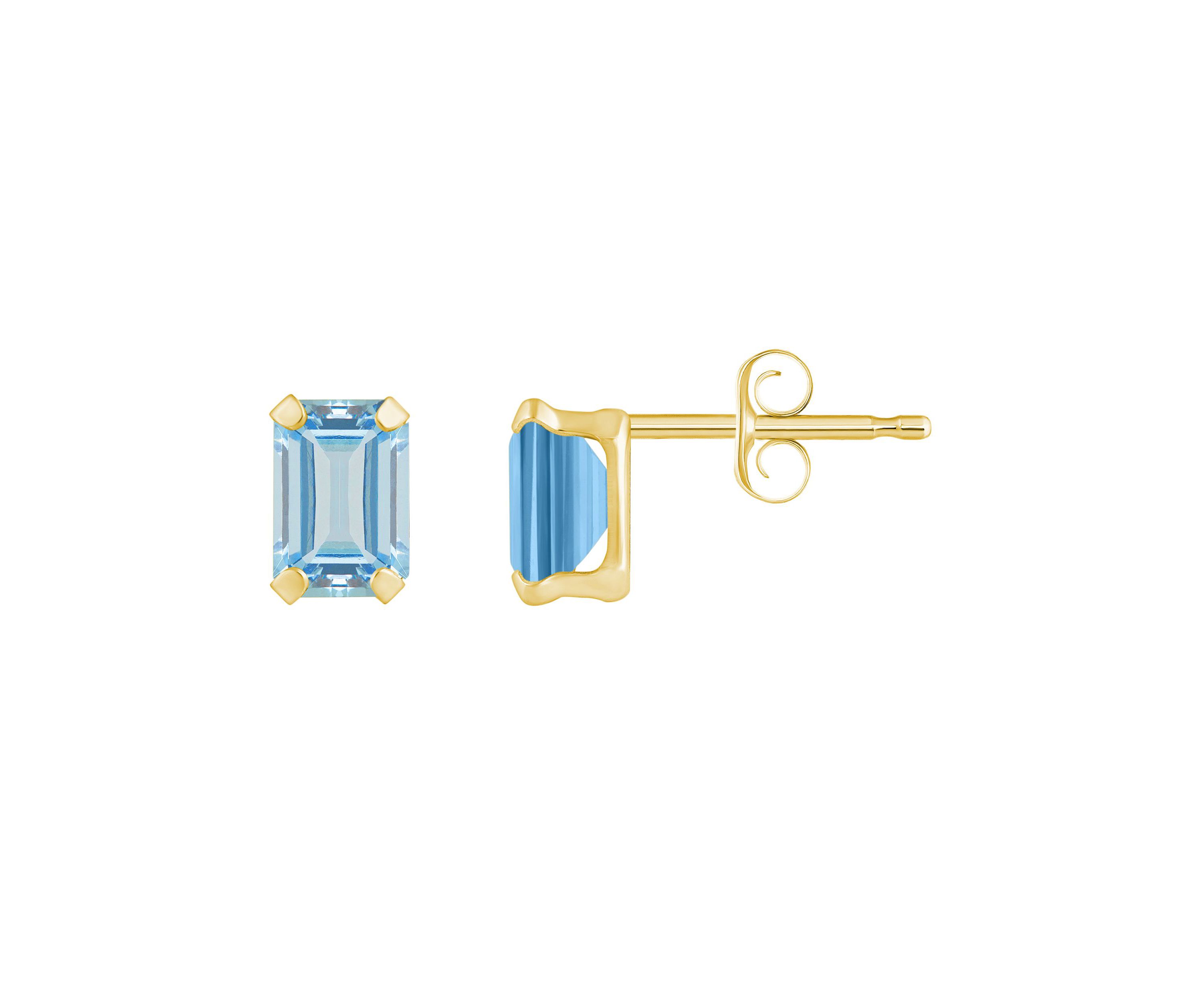 10K Gold 6x4mm Emerald Cut Aquamarine Stud Earrings