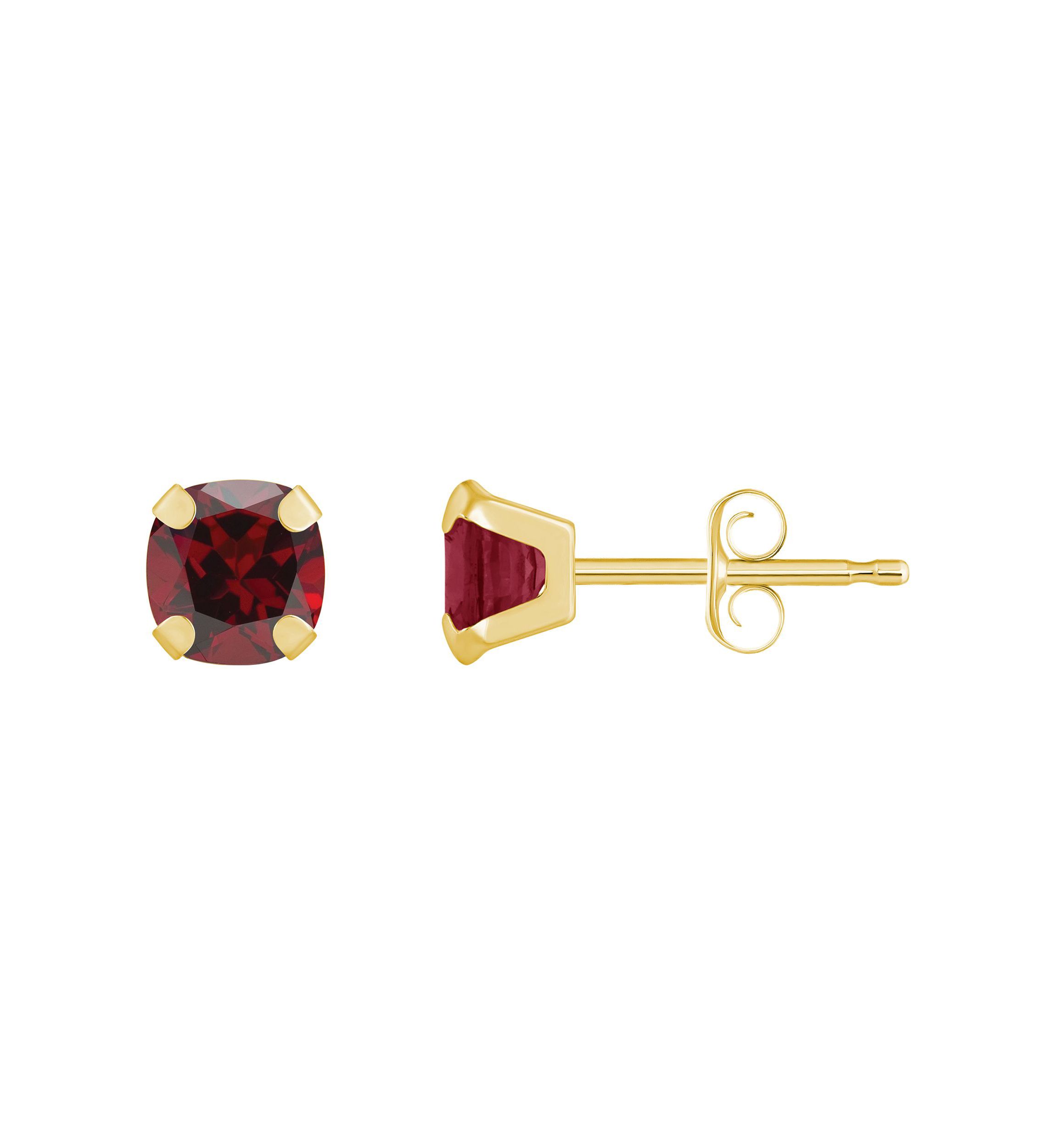10K Gold 5mm Cushion Garnet Stud Earrings