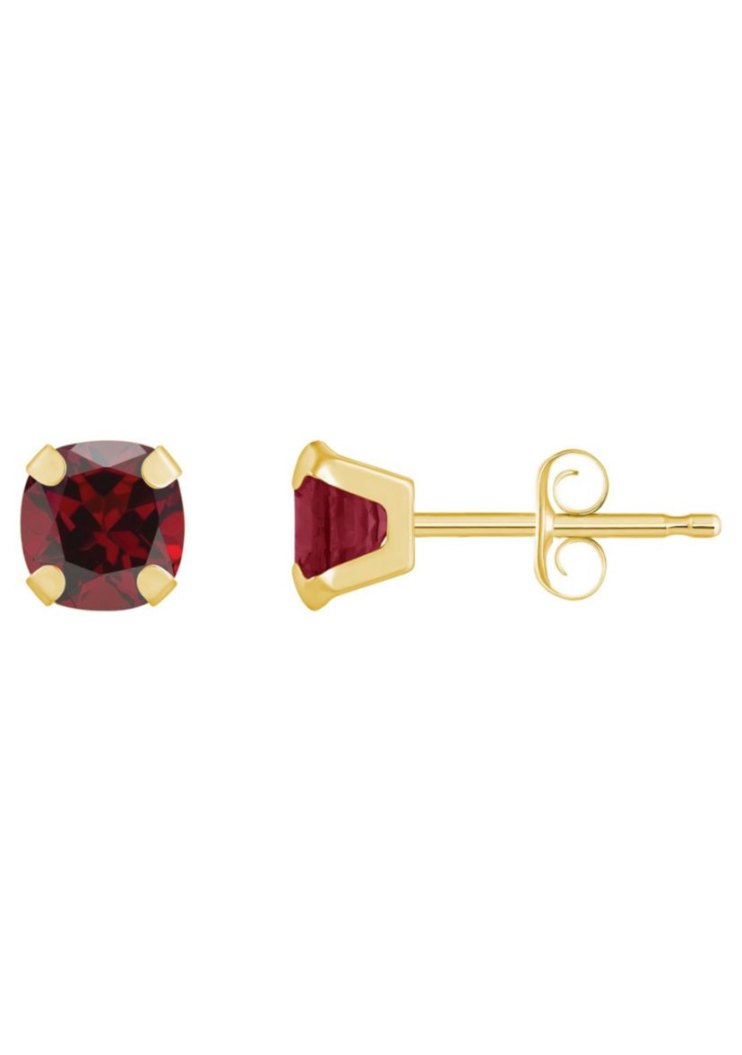 10K Gold 5mm Cushion Garnet Stud Earrings