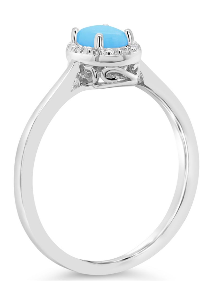 Sterling Silver 6x4mm Oval Turquoise Diamond Accent Halo Ring