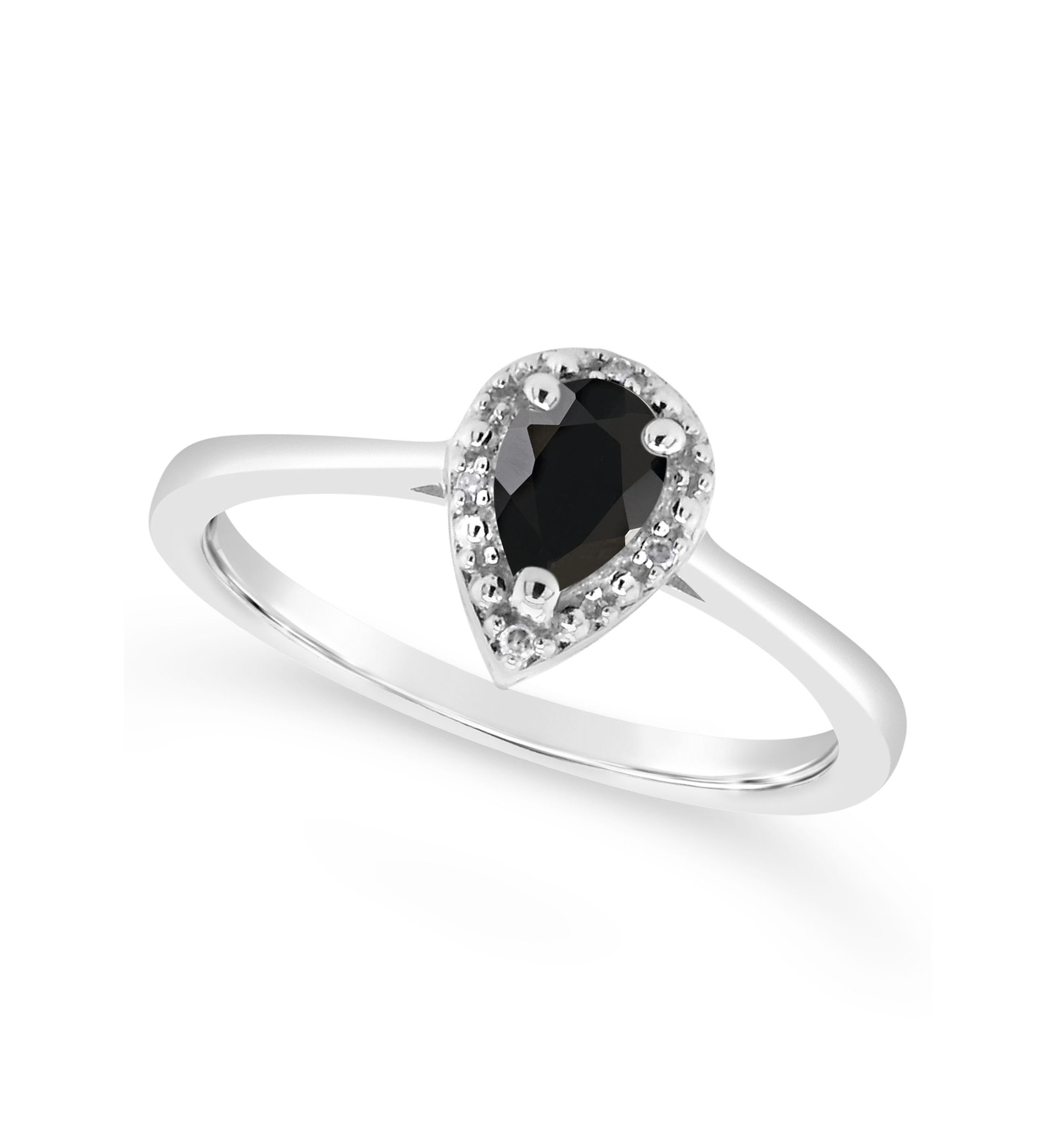 Sterling Silver 6x4mm Pear Shaped Black Agate Diamond Accent Halo Ring