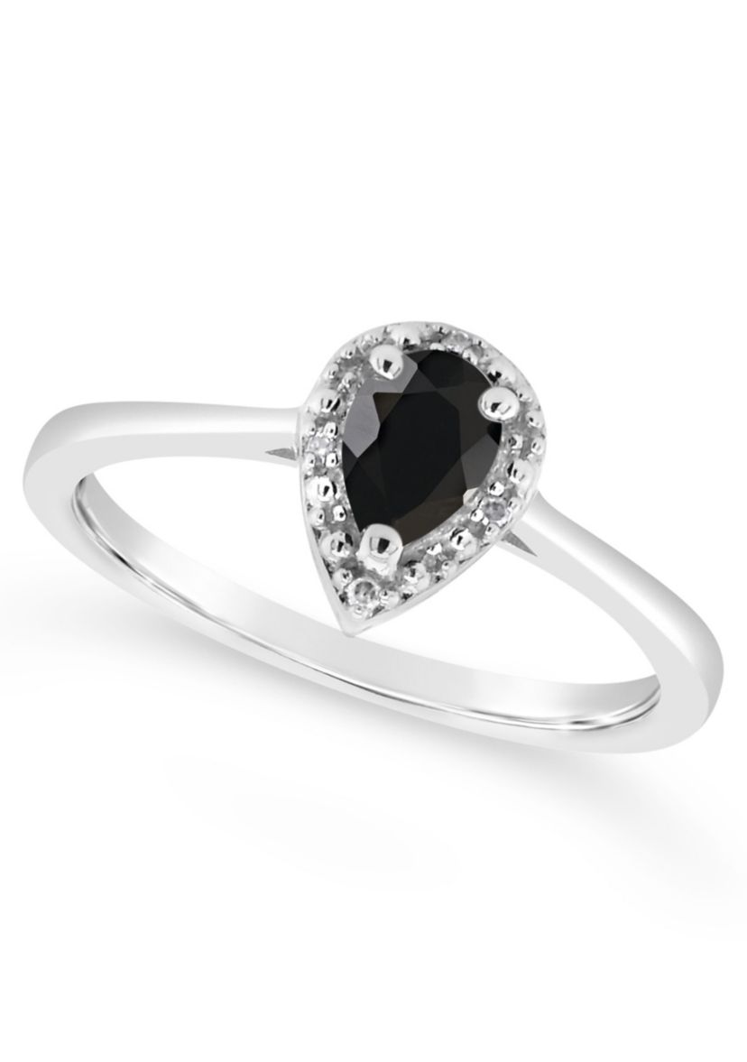 Sterling Silver 6x4mm Pear Shaped Black Agate Diamond Accent Halo Ring