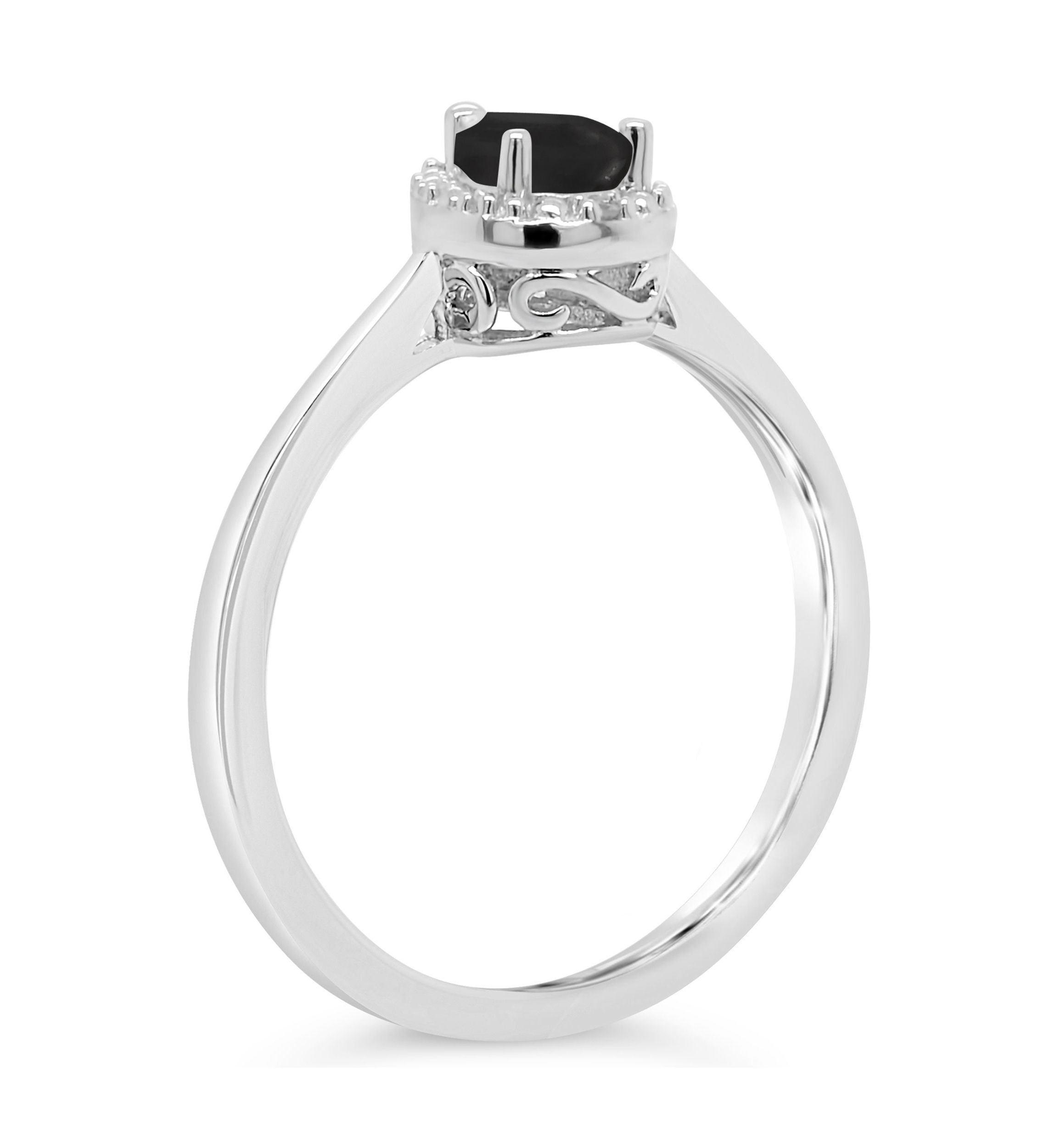 Sterling Silver 6x4mm Pear Shaped Black Agate Diamond Accent Halo Ring