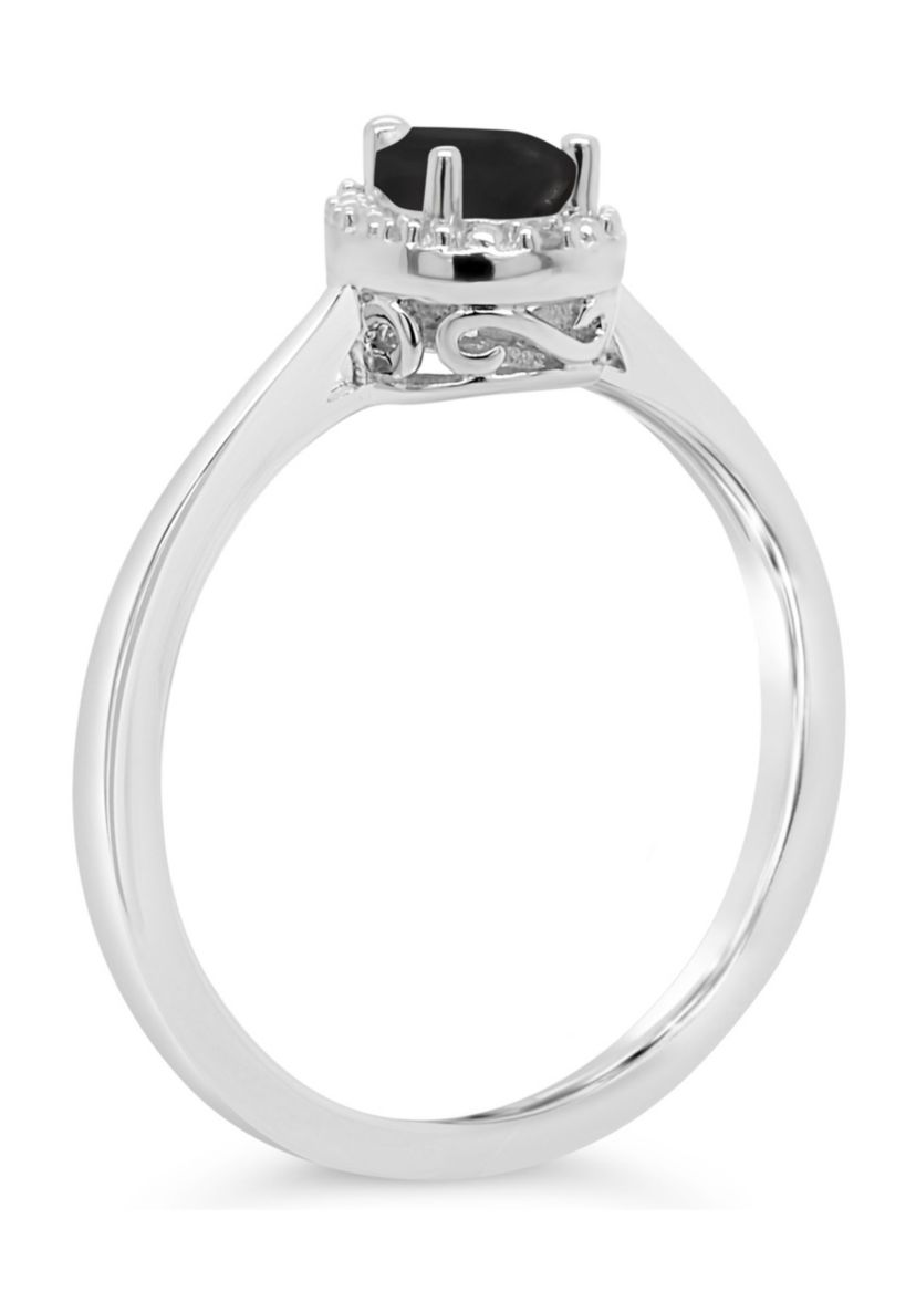 Sterling Silver 6x4mm Pear Shaped Black Agate Diamond Accent Halo Ring