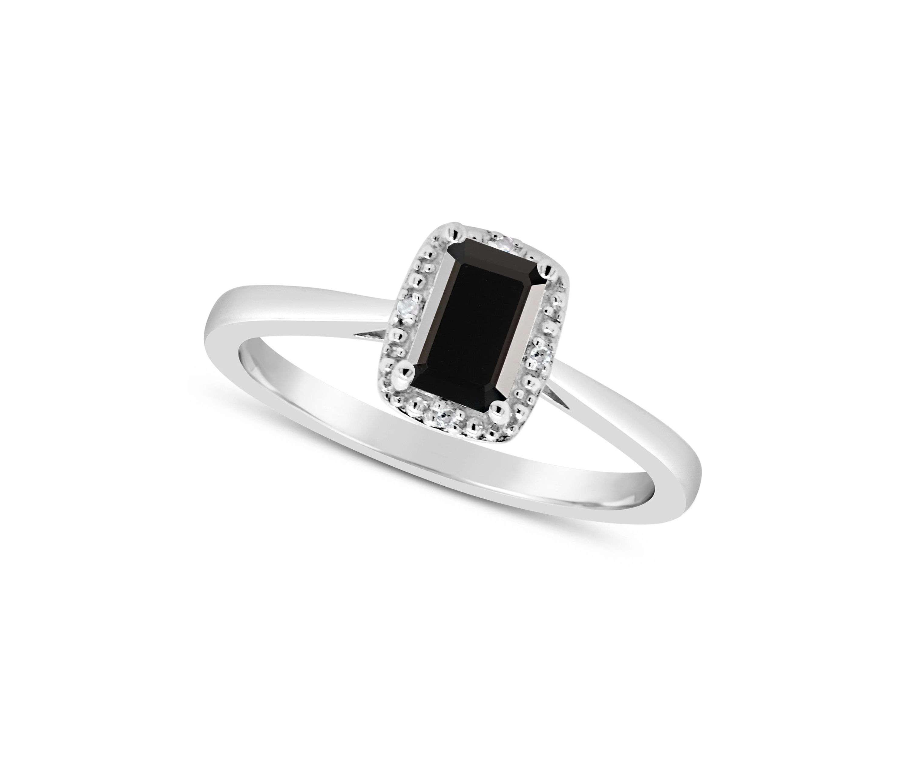 Sterling Silver 6x4mm Emerald Cut Black Agate Diamond Accent Halo Ring