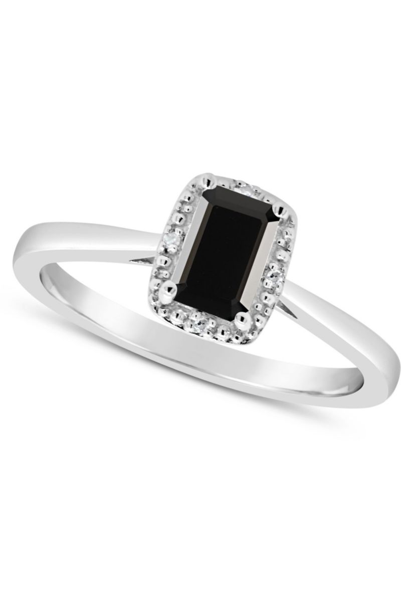 Sterling Silver 6x4mm Emerald Cut Black Agate Diamond Accent Halo Ring