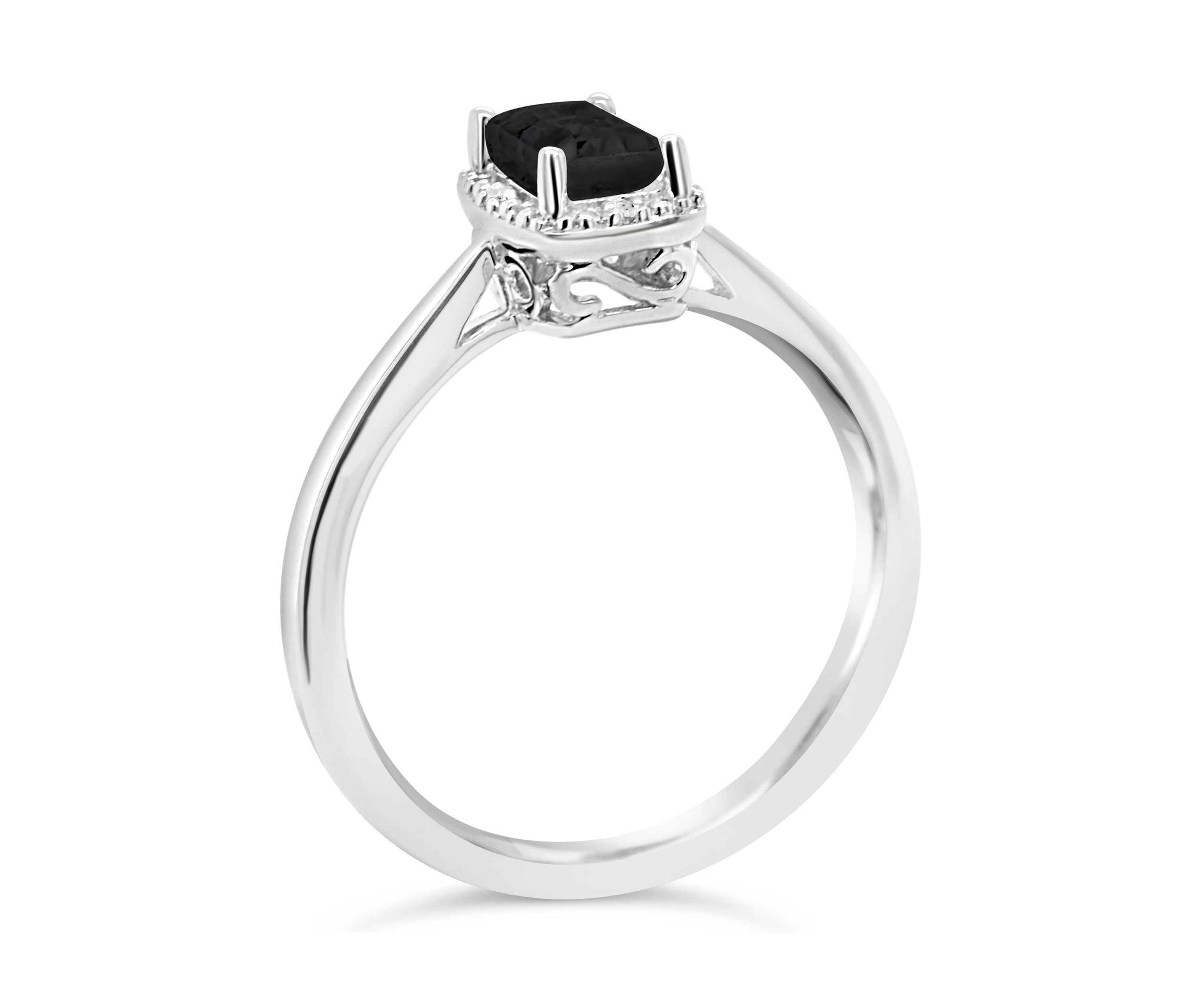 Sterling Silver 6x4mm Emerald Cut Black Agate Diamond Accent Halo Ring