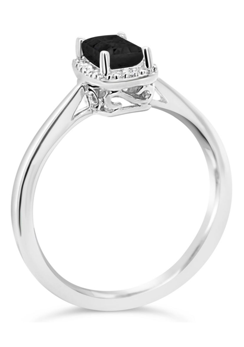 Sterling Silver 6x4mm Emerald Cut Black Agate Diamond Accent Halo Ring
