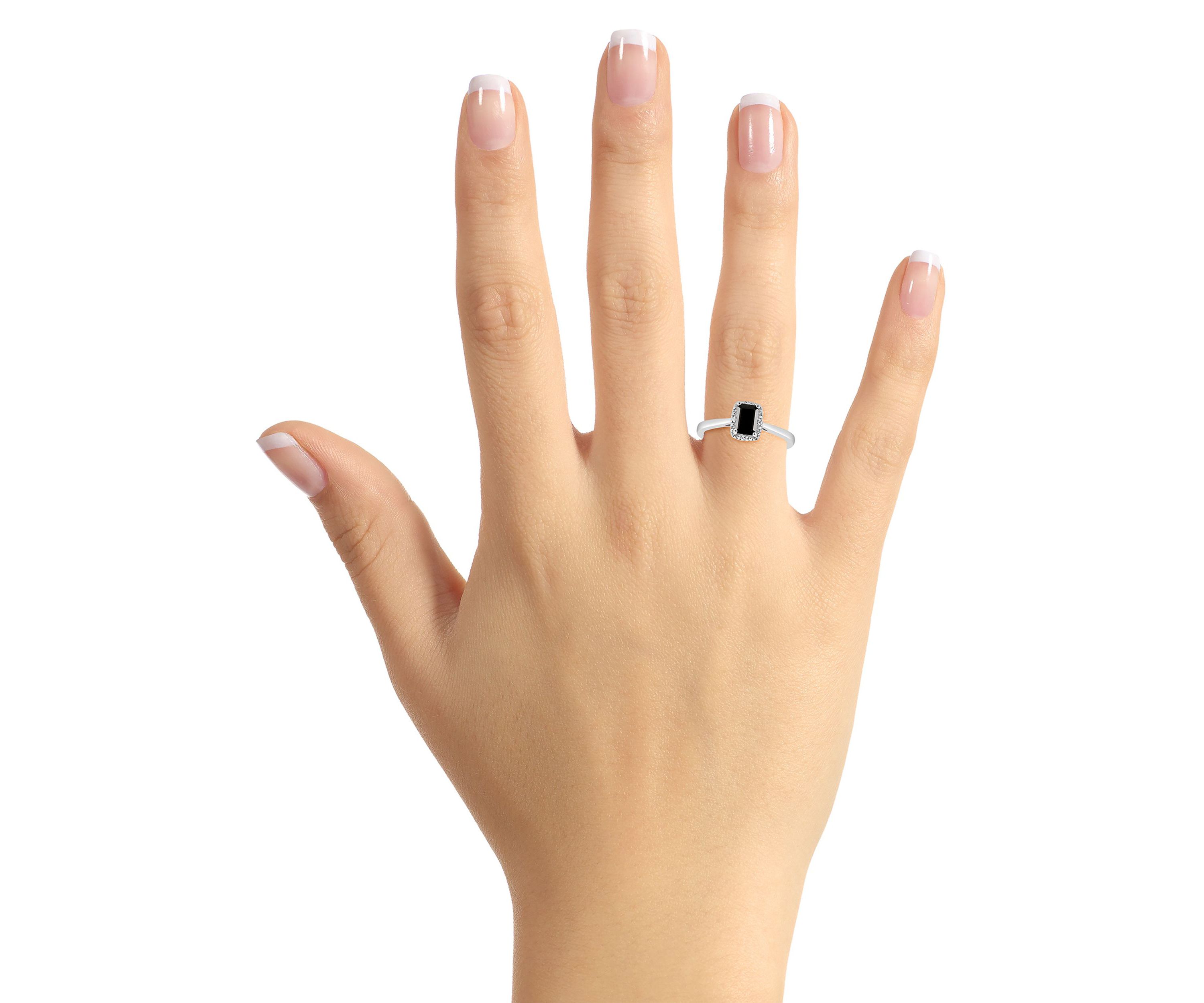Sterling Silver 6x4mm Emerald Cut Black Agate Diamond Accent Halo Ring