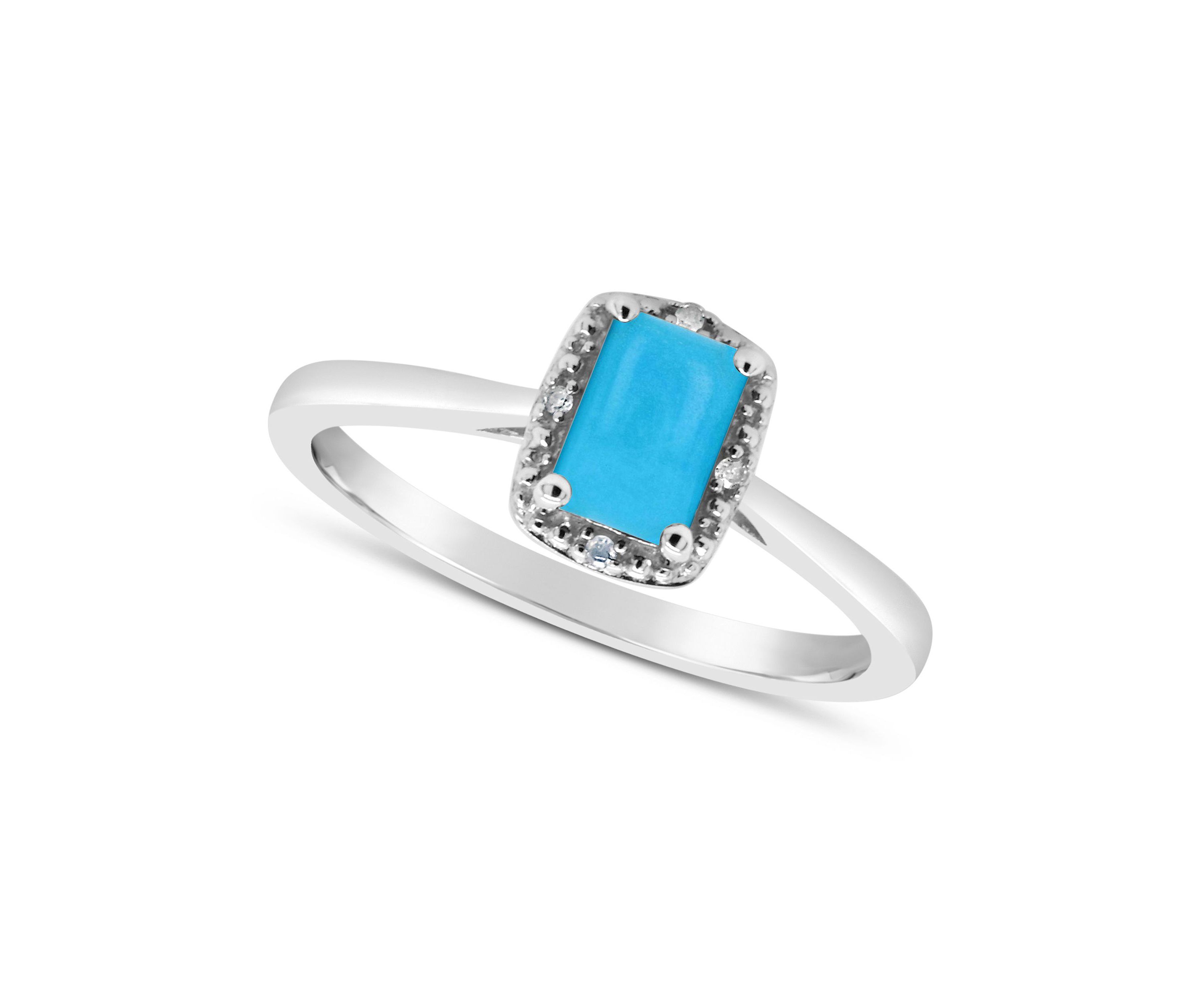 Sterling Silver 6x4mm Emerald Cut Turquoise Diamond Accent Halo Ring