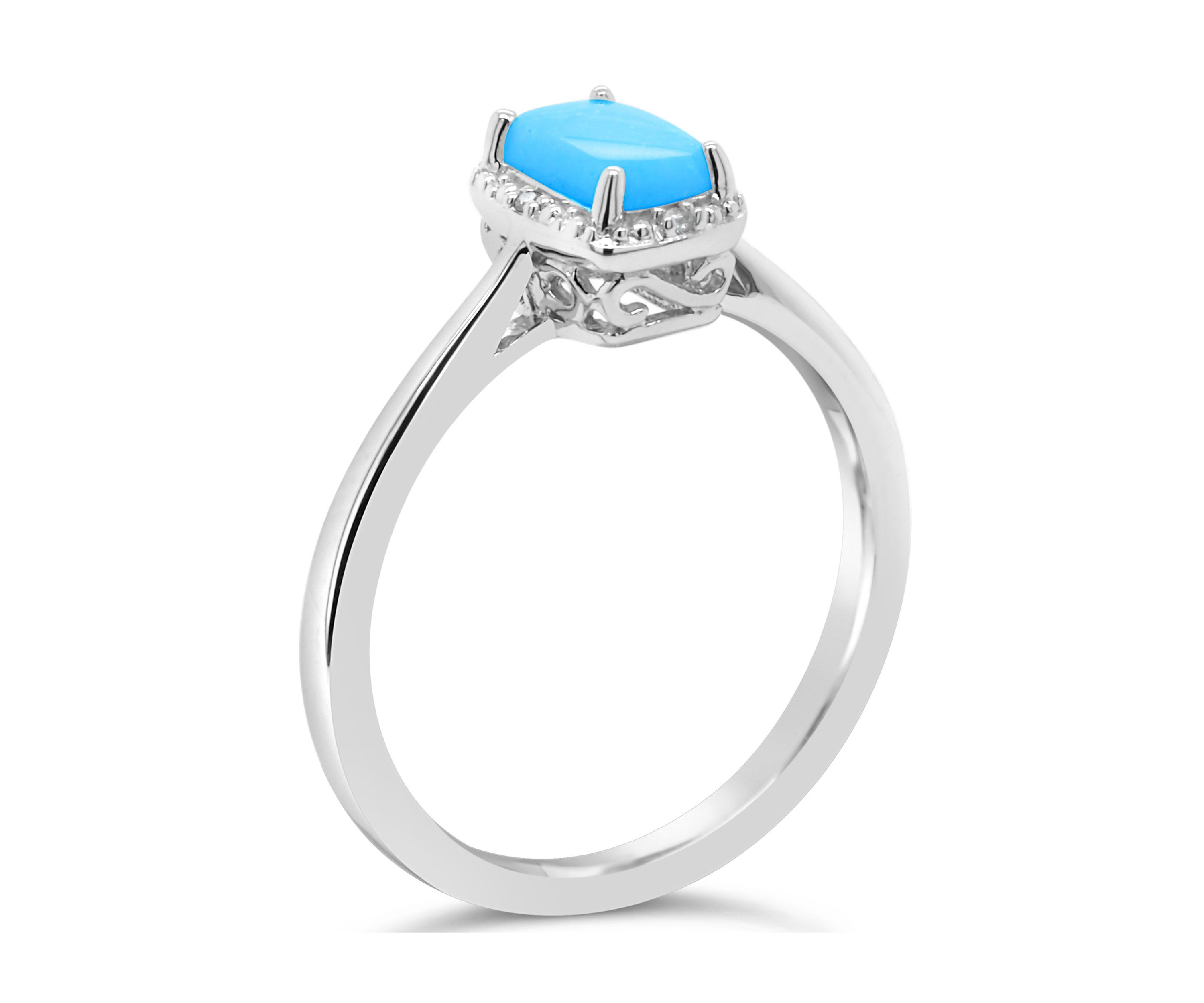 Sterling Silver 6x4mm Emerald Cut Turquoise Diamond Accent Halo Ring