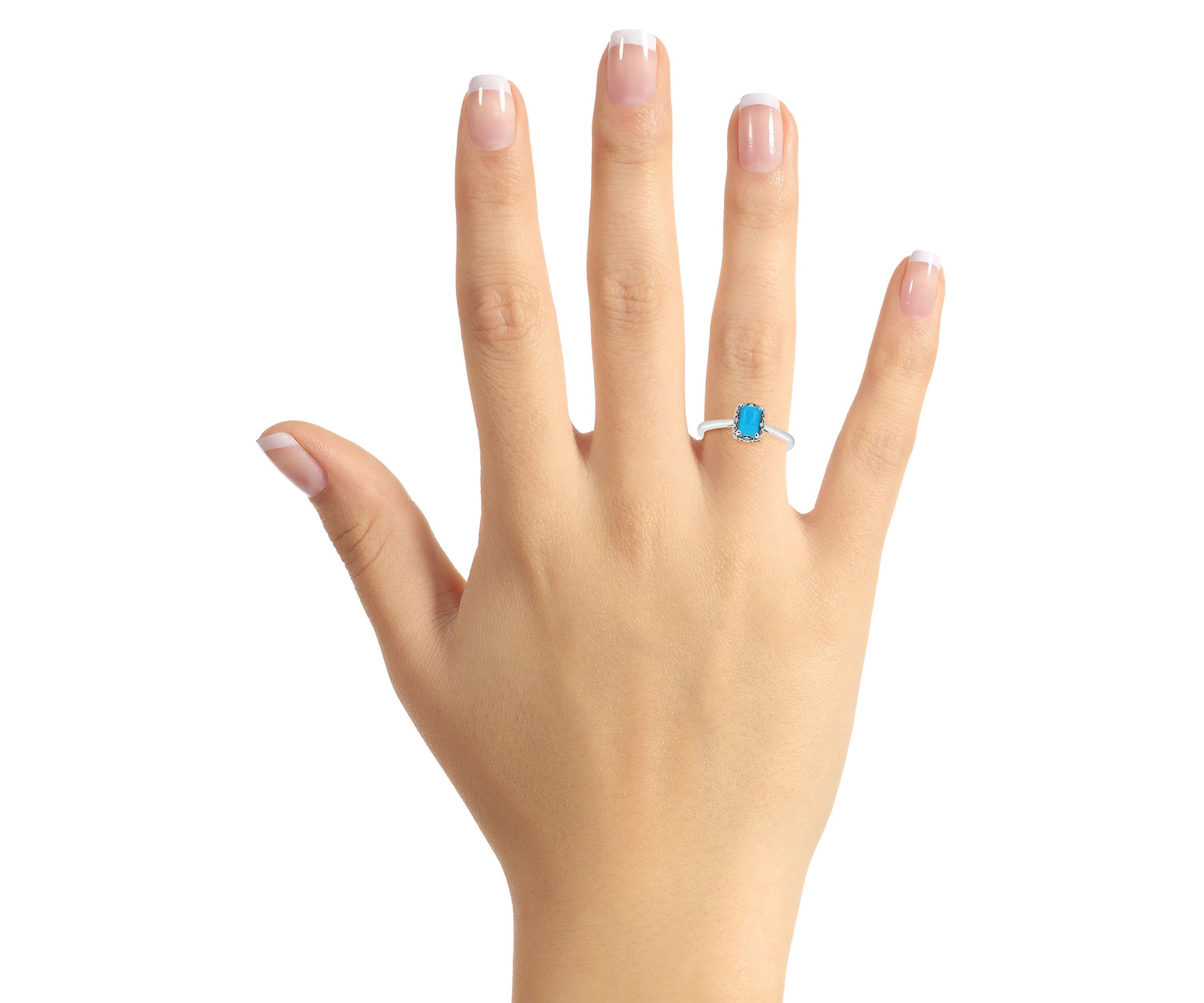 Sterling Silver 6x4mm Emerald Cut Turquoise Diamond Accent Halo Ring