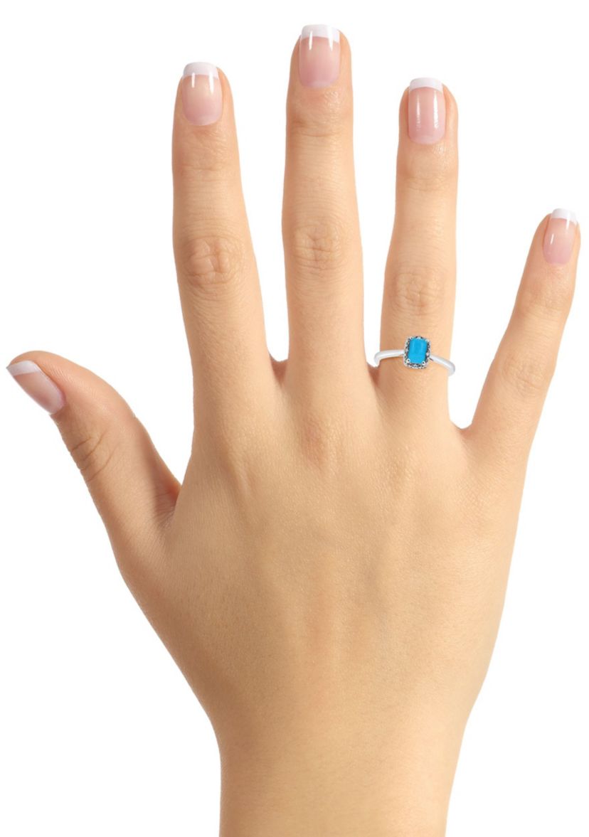 Sterling Silver 6x4mm Emerald Cut Turquoise Diamond Accent Halo Ring