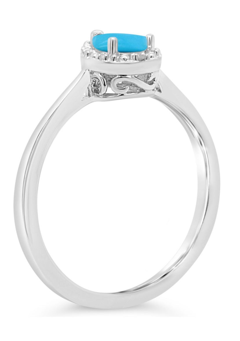Sterling Silver 6x4mm Pear Shaped Turquoise Diamond Accent Halo Ring