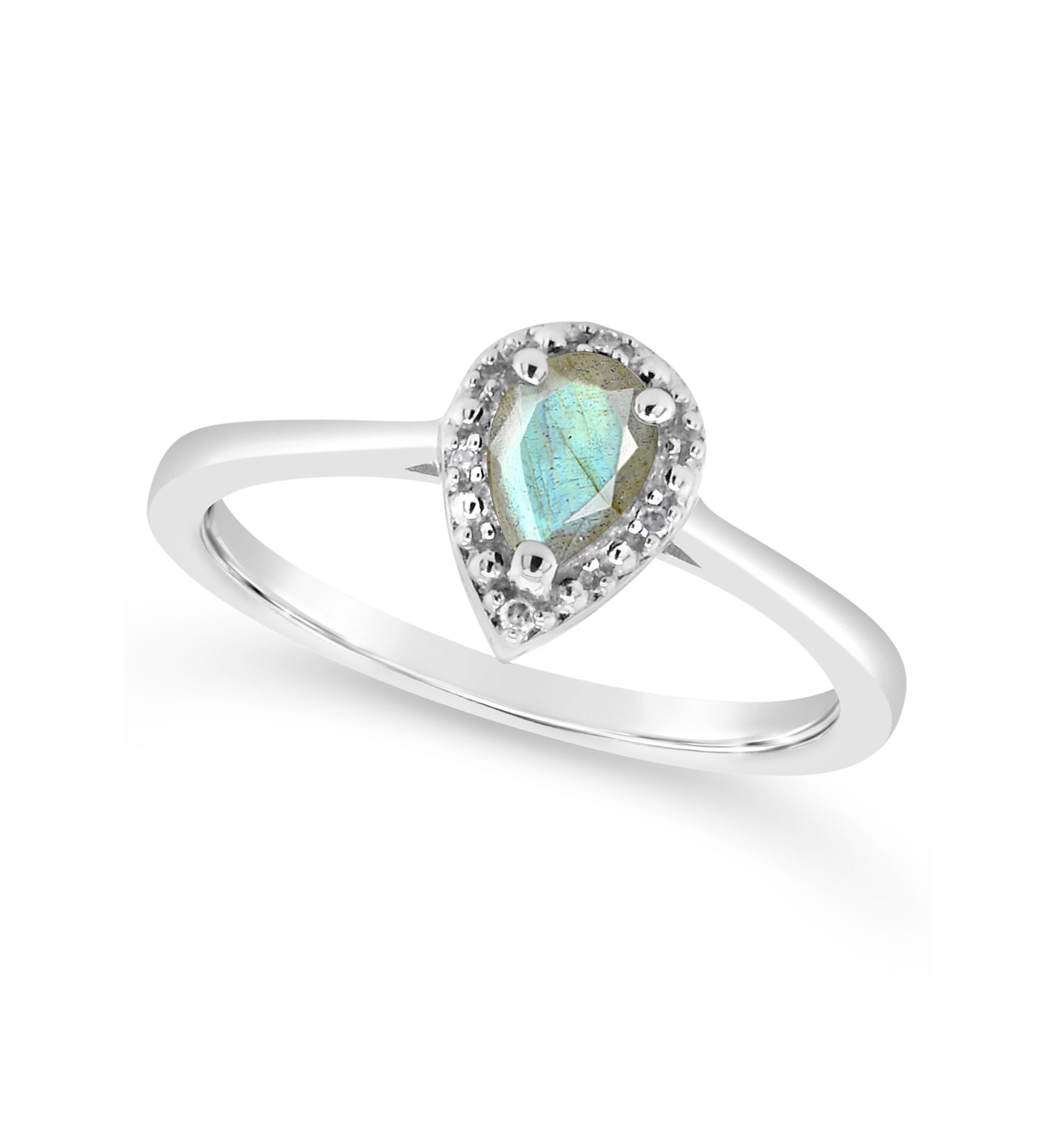 Sterling Silver 6x4mm Pear Shaped Labradorite Diamond Accent Halo Ring