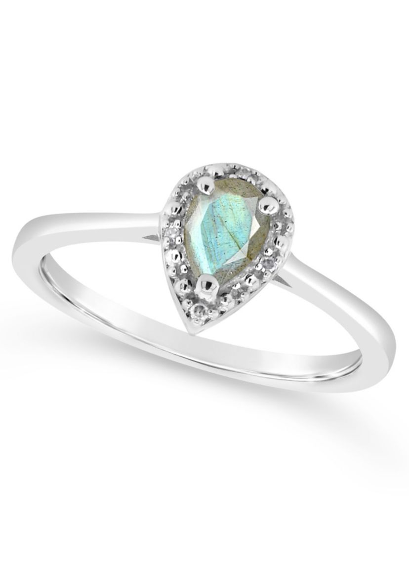 Sterling Silver 6x4mm Pear Shaped Labradorite Diamond Accent Halo Ring