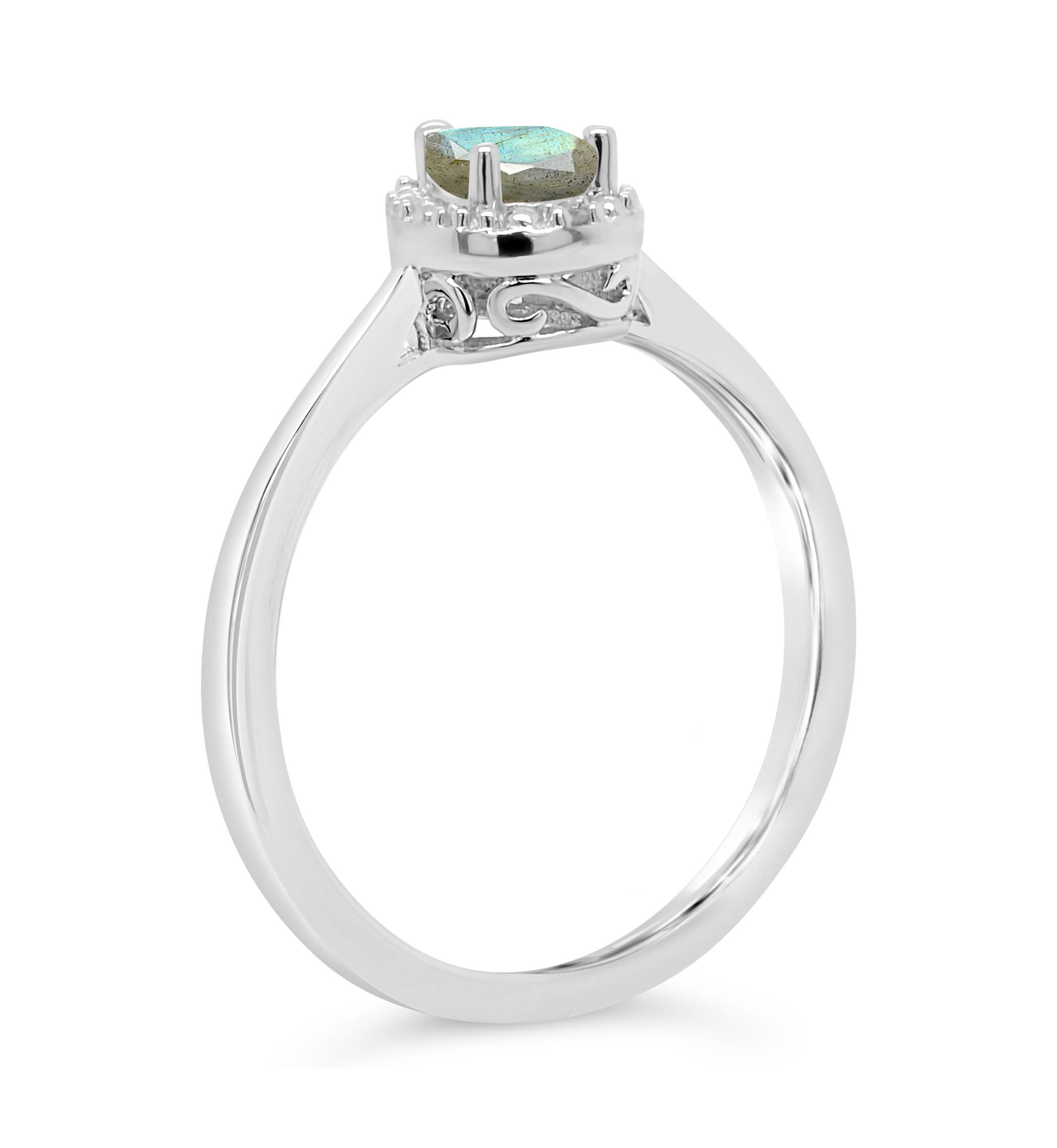 Sterling Silver 6x4mm Pear Shaped Labradorite Diamond Accent Halo Ring