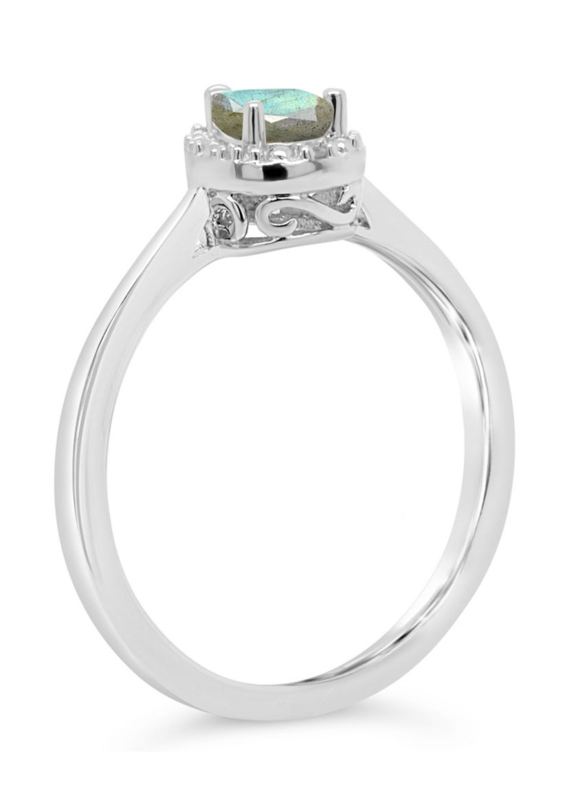 Sterling Silver 6x4mm Pear Shaped Labradorite Diamond Accent Halo Ring