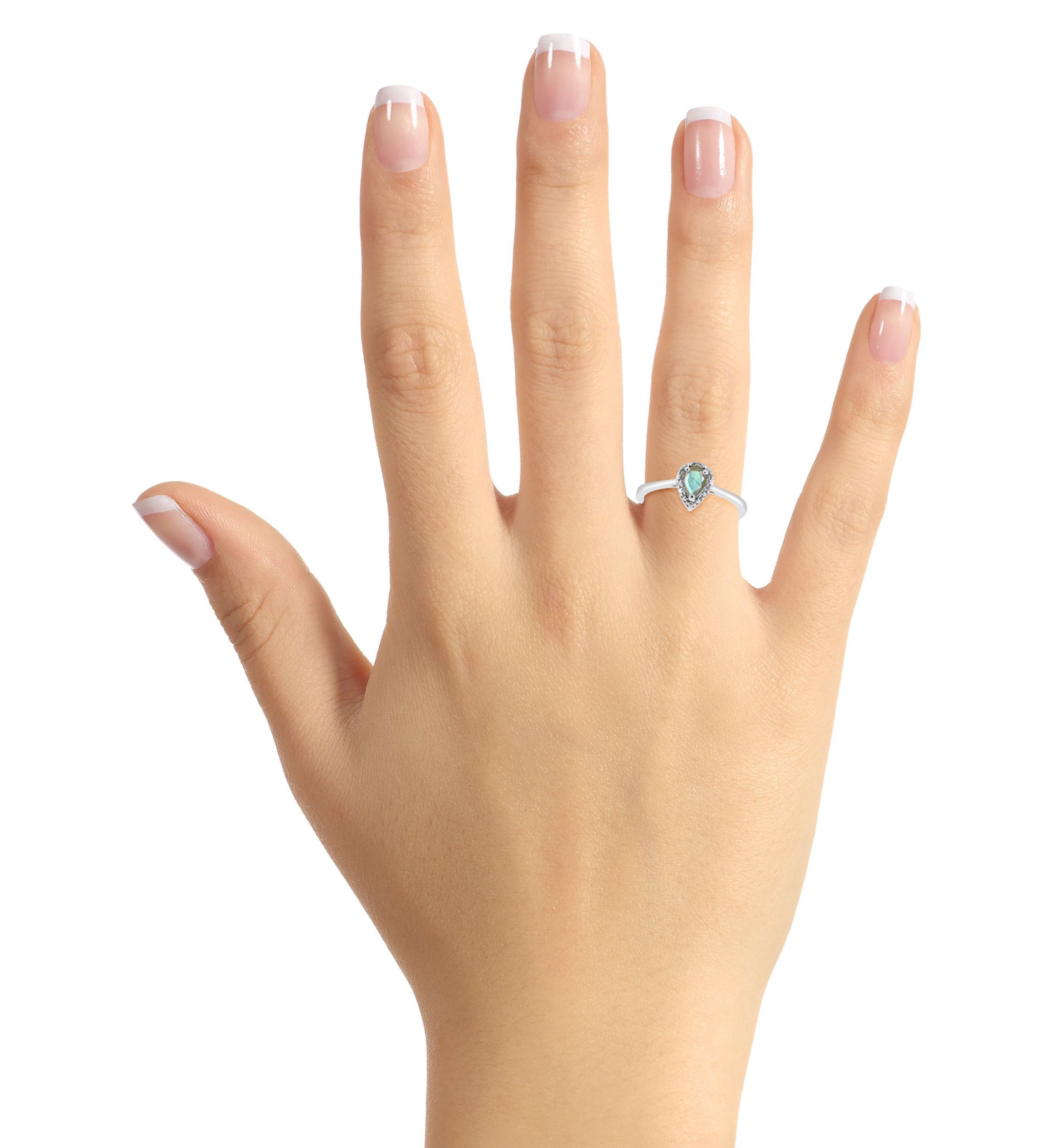Sterling Silver 6x4mm Pear Shaped Labradorite Diamond Accent Halo Ring